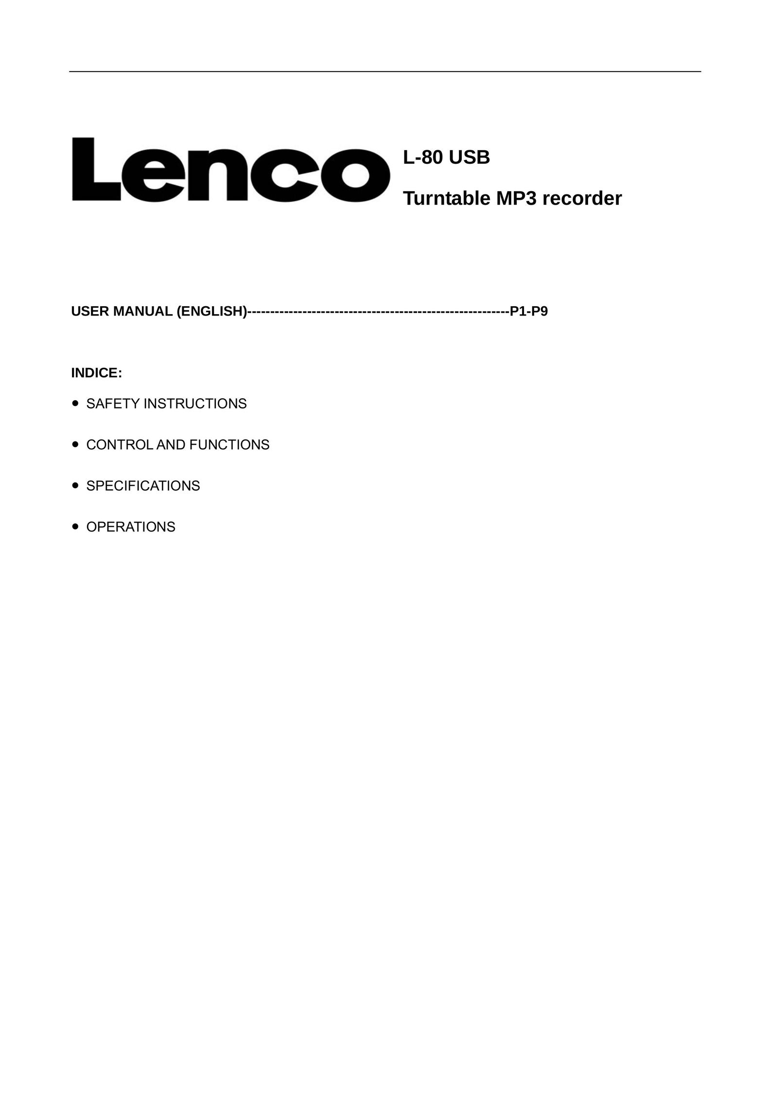 Lenco Marine L-80 USB Turntable User Manual