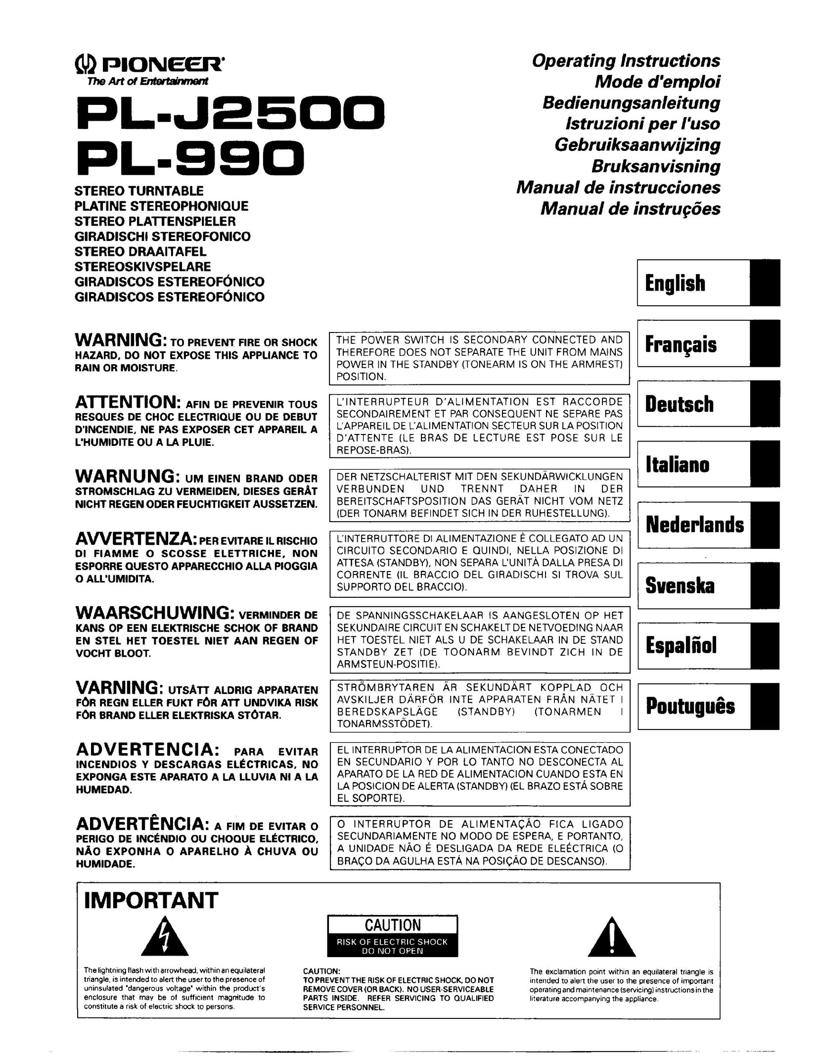 Pioneer PL-J2500 Turntable User Manual