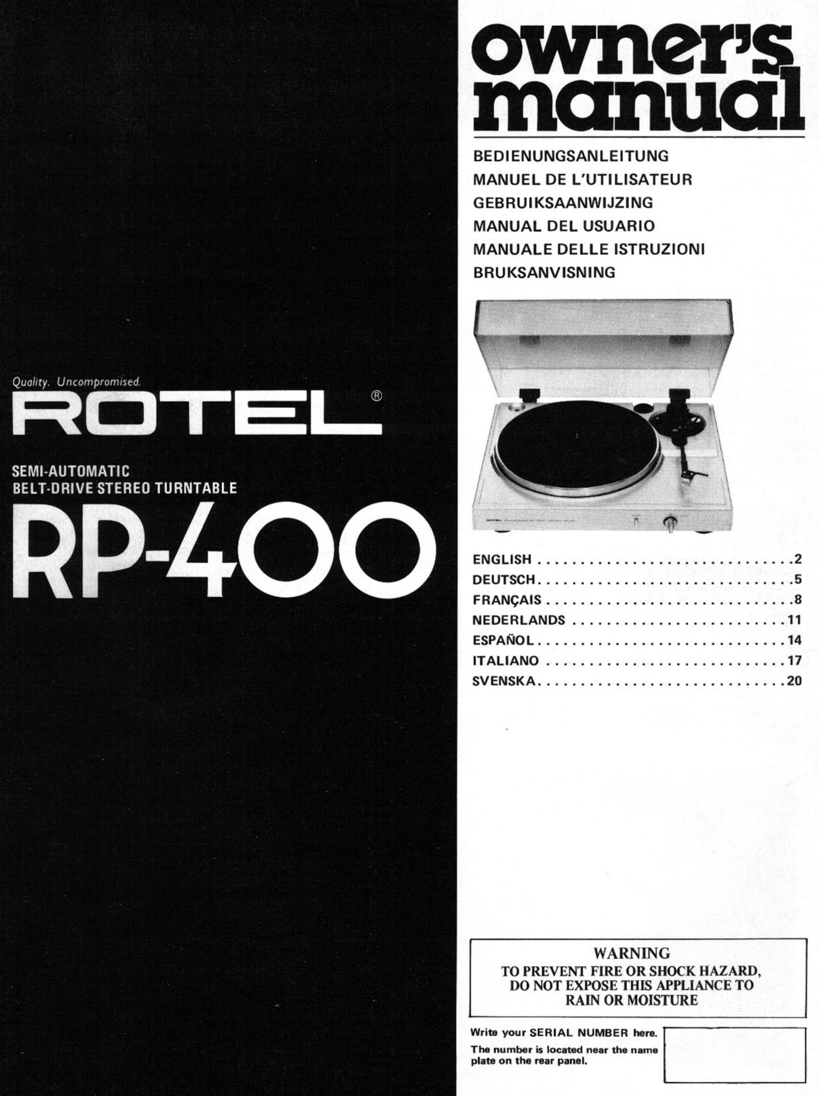 Rotel RP-400 Turntable User Manual