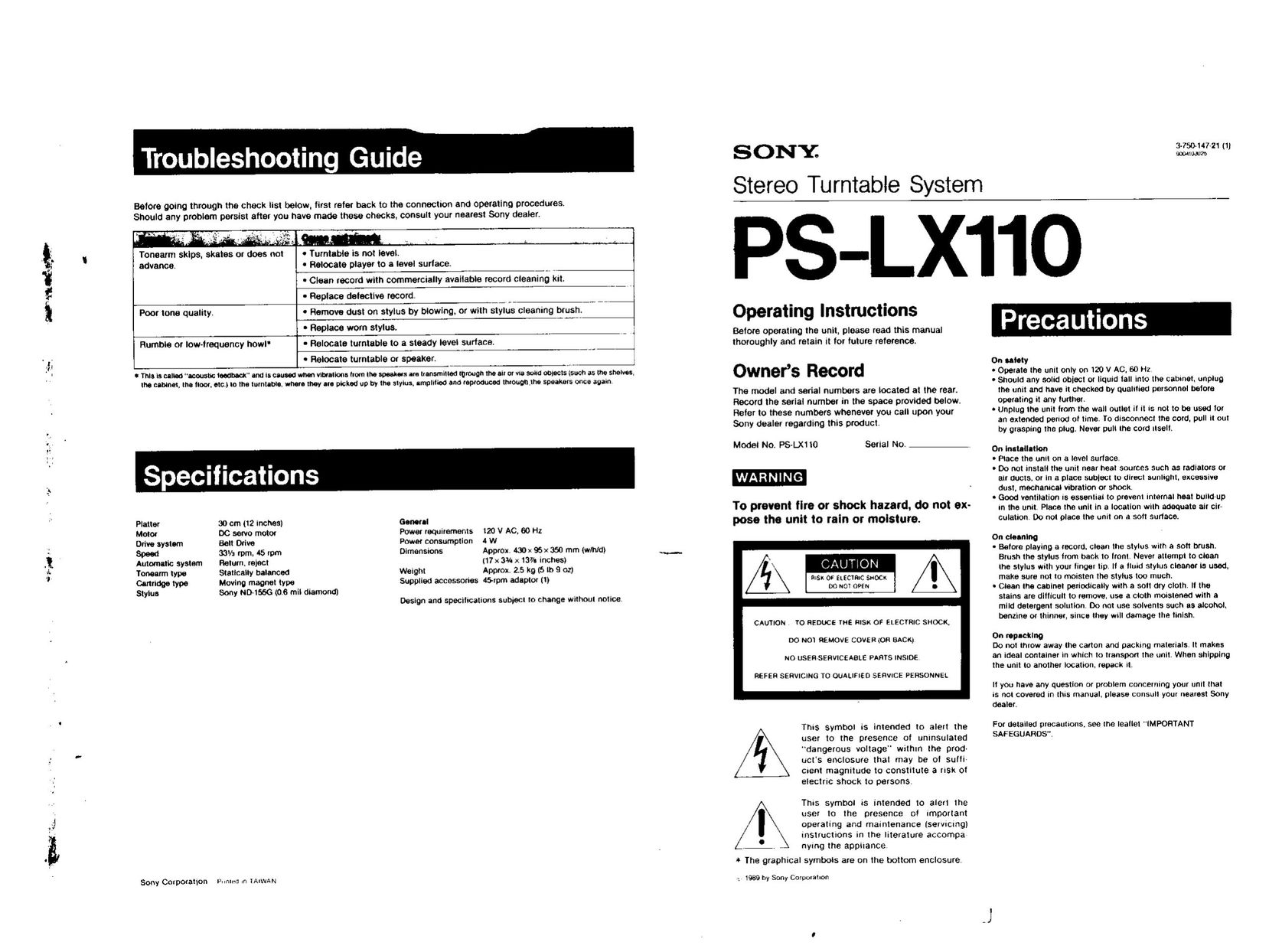 Sony PS-LX110 Turntable User Manual