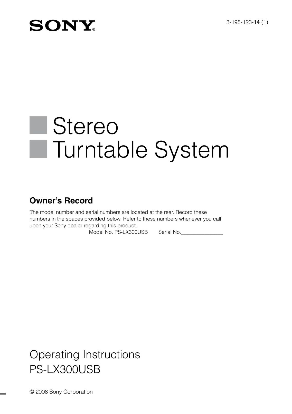 Sony PS-LX300USB Turntable User Manual