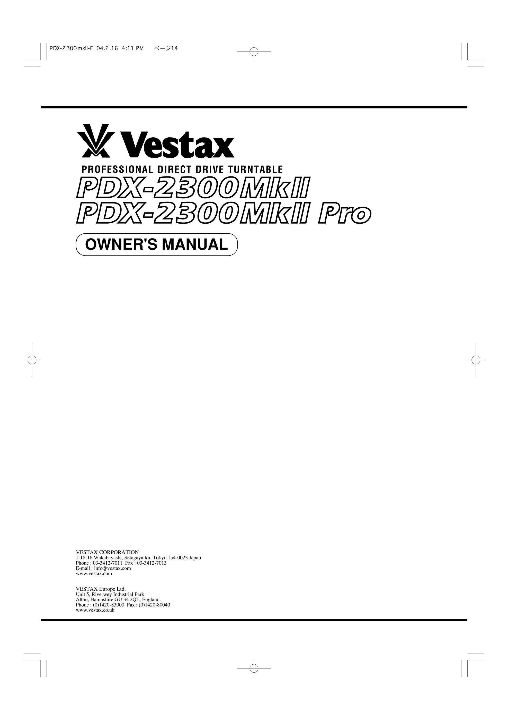 Vestax PDX-2300MkII, PDX-2300MkII Pro Turntable User Manual