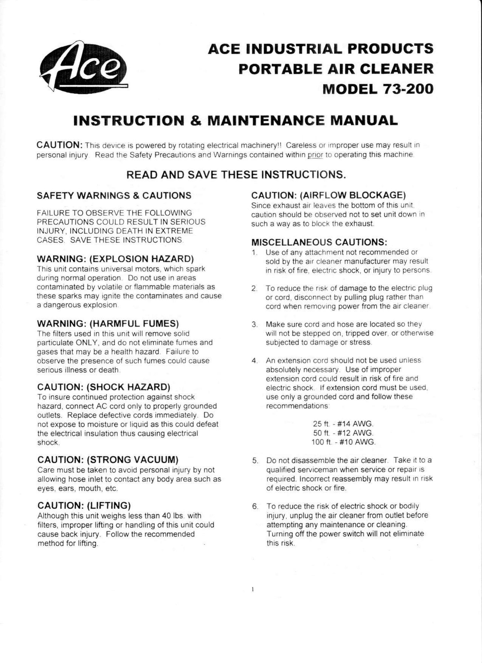Ace 73-100 Air Cleaner User Manual