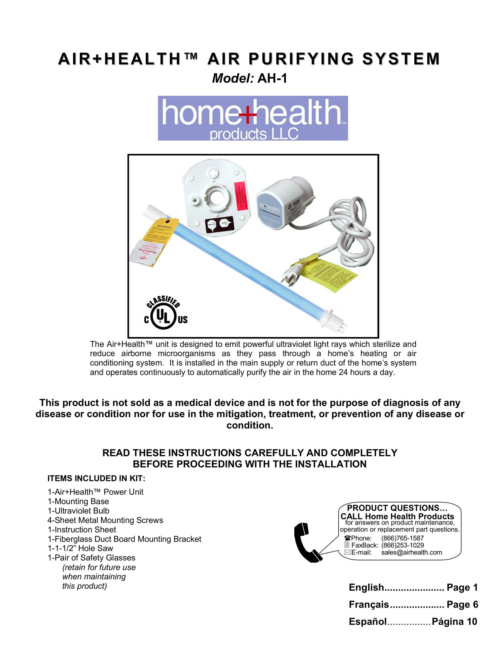 Air Health AH-RL Air Cleaner User Manual