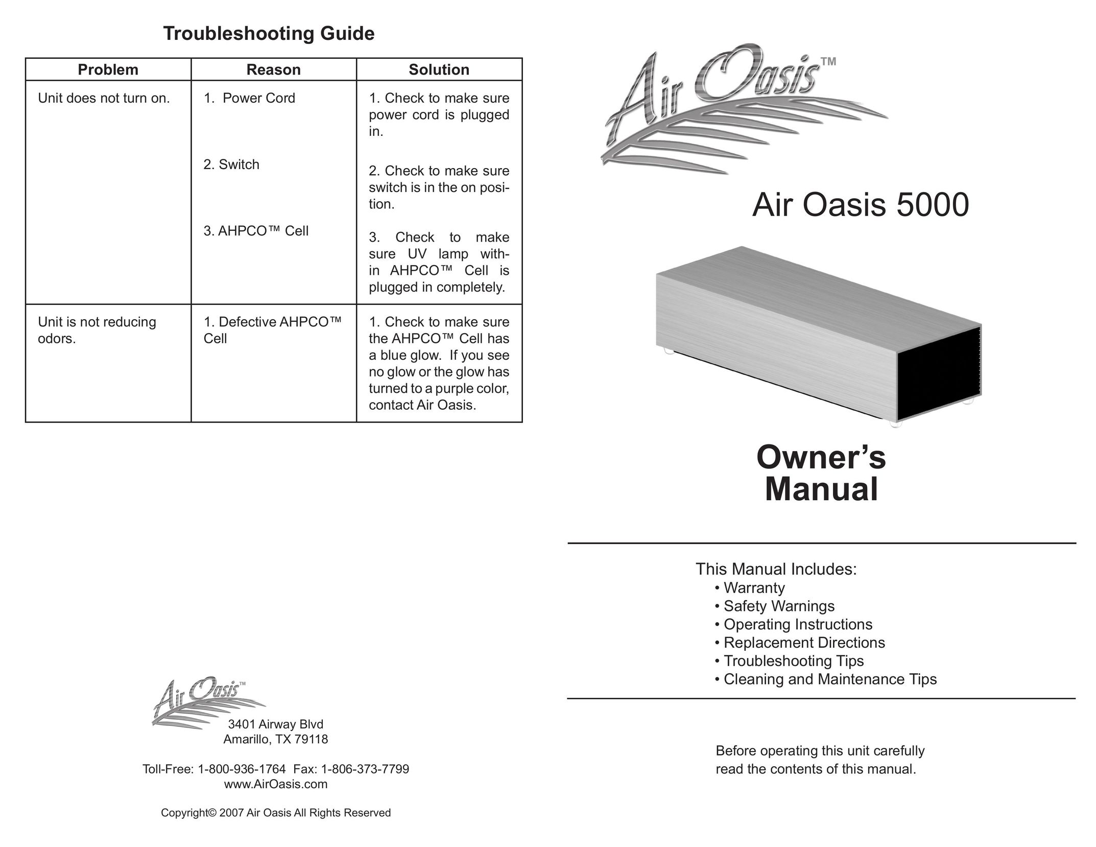 Air Oasis 5000 Air Cleaner User Manual