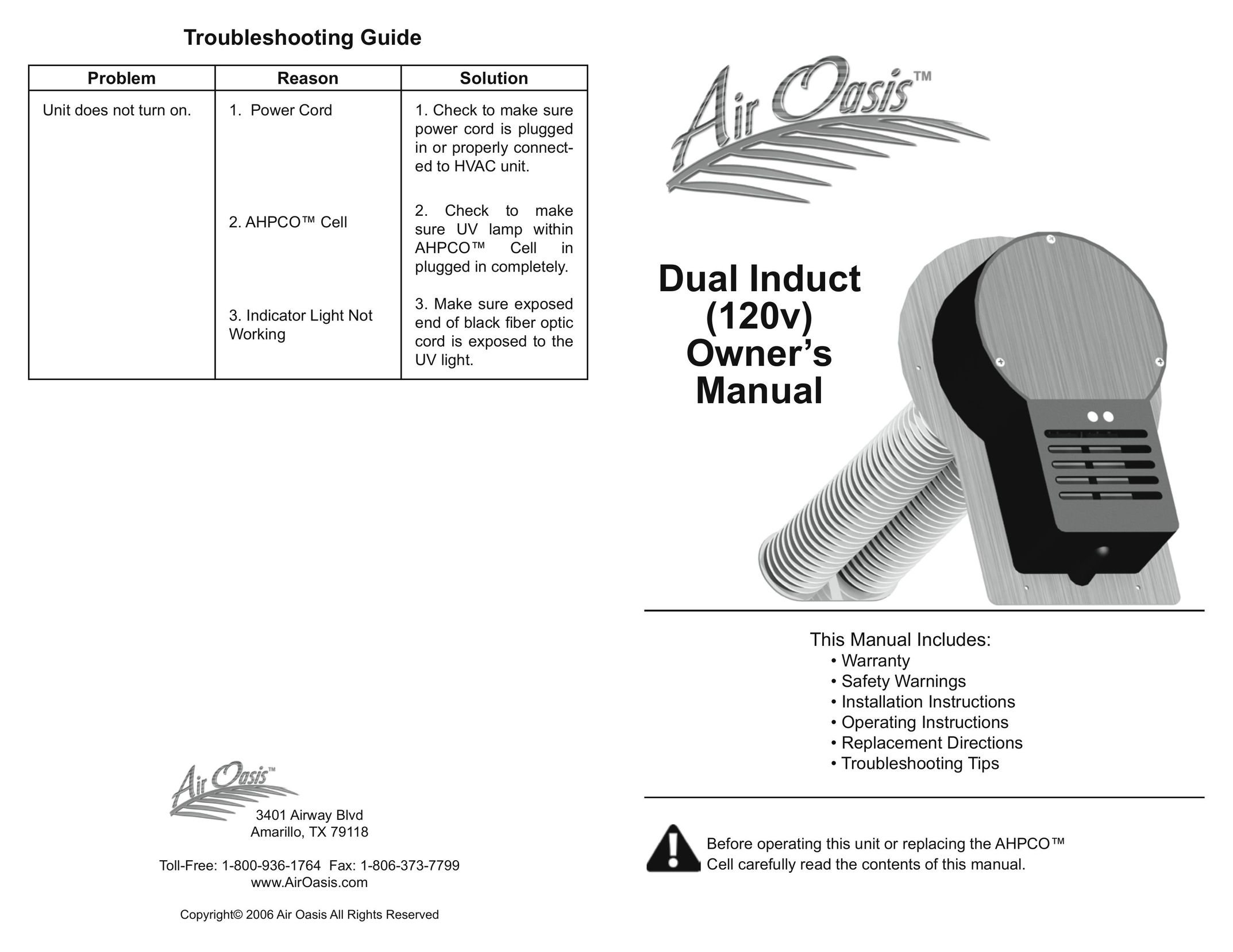 Air Oasis Dual Induct (120v) Air Cleaner User Manual