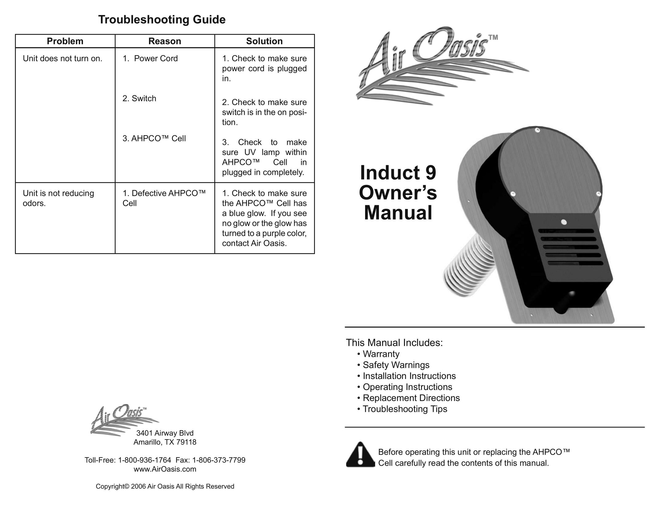 Air Oasis Induct 9 Air Cleaner User Manual