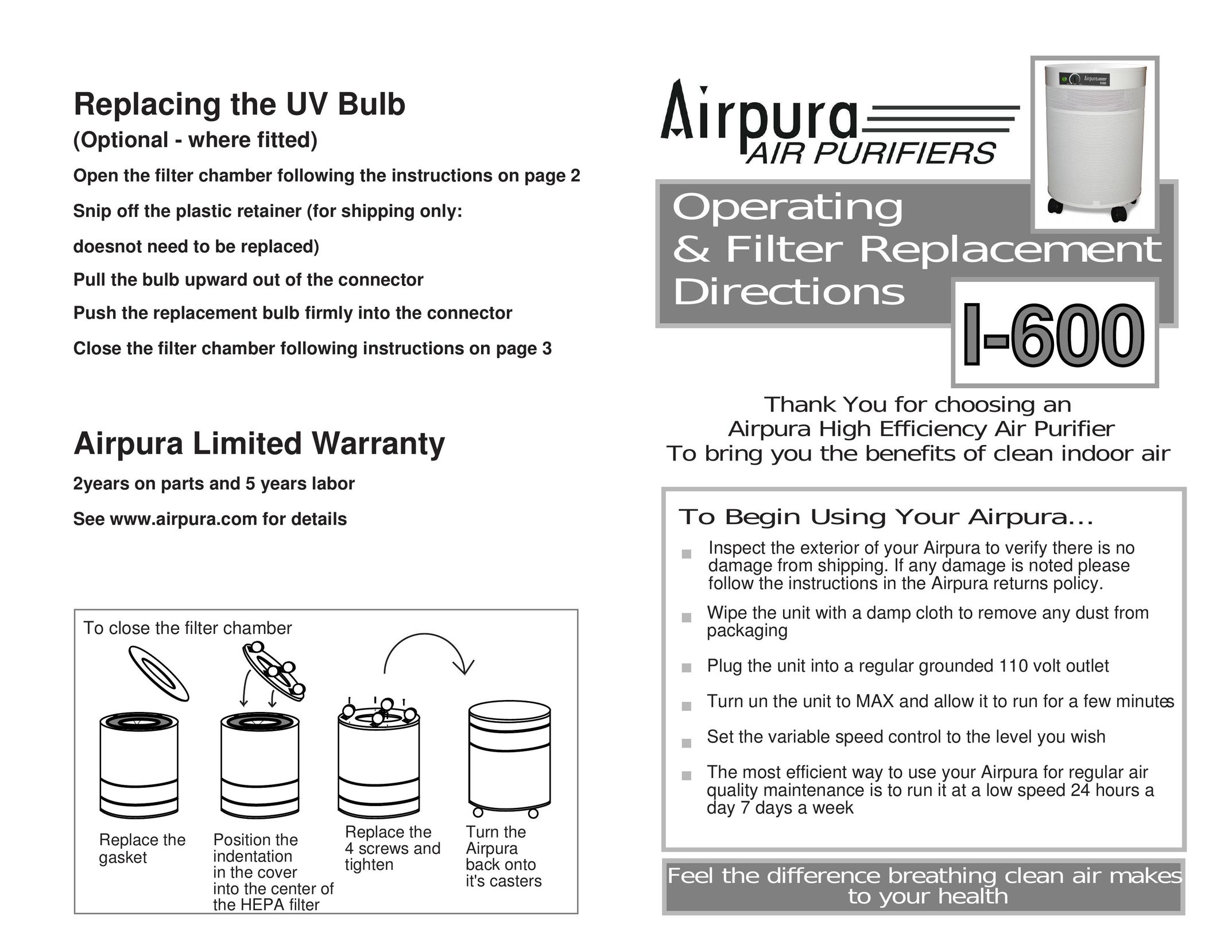 Airpura Industries I-600 Air Cleaner User Manual