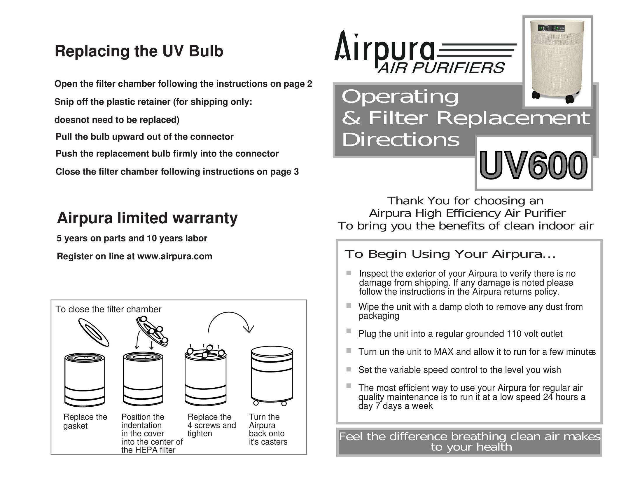 Airpura Industries UV600 Air Cleaner User Manual