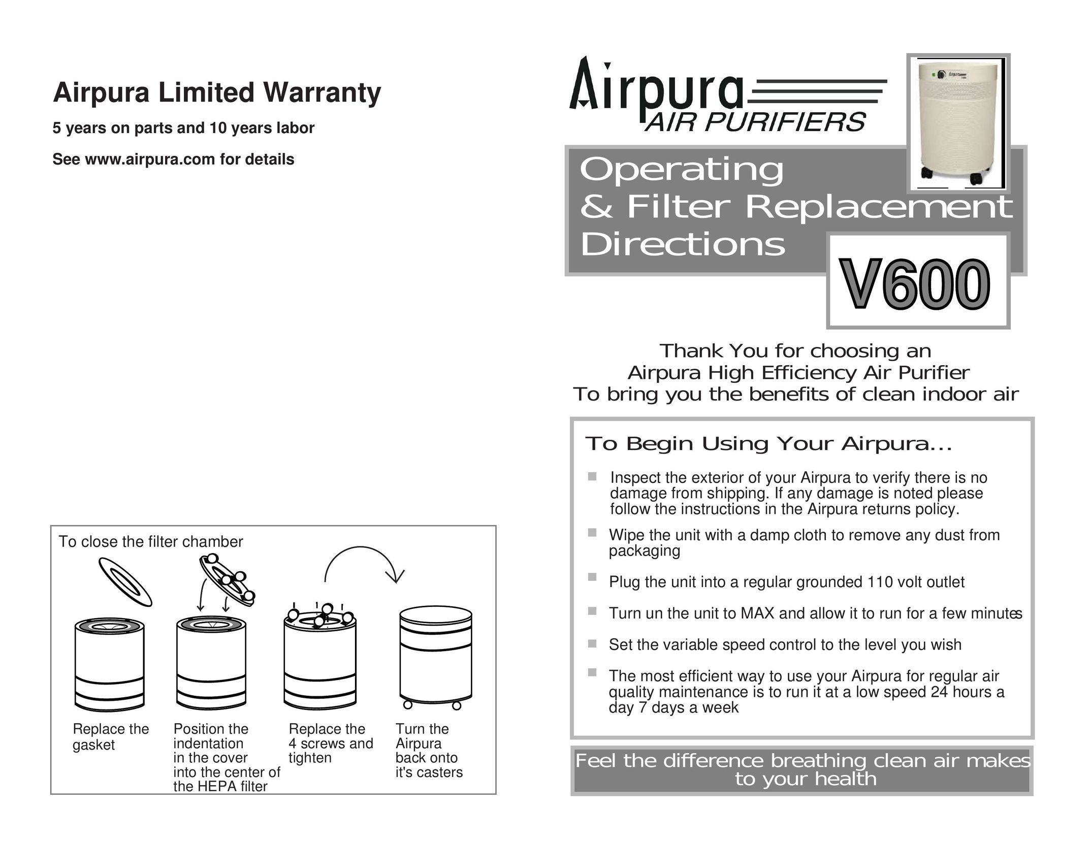 Airpura Industries V600 Air Cleaner User Manual