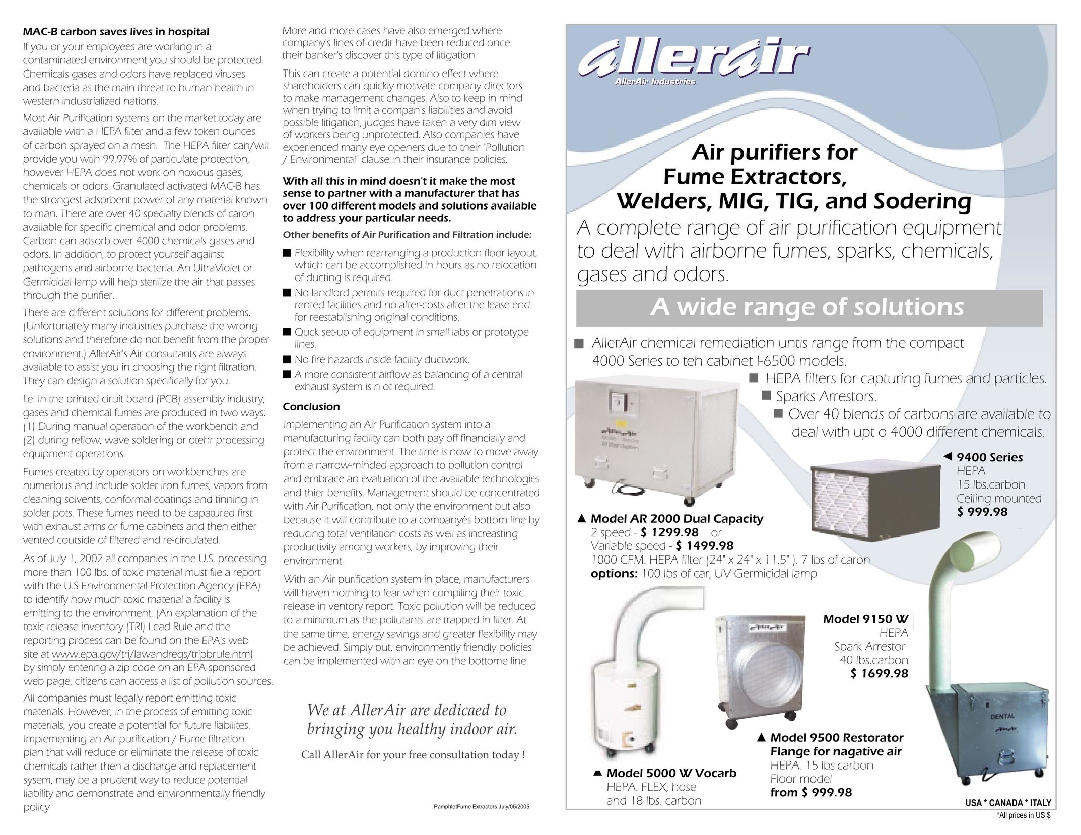 AllerAir 9150 W Air Cleaner User Manual