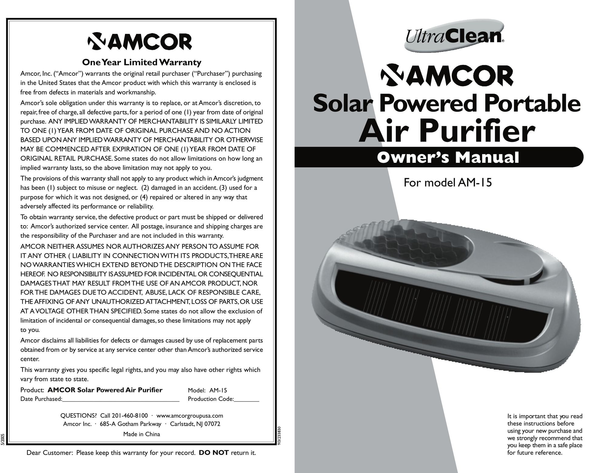 Amcor AM-15 Air Cleaner User Manual