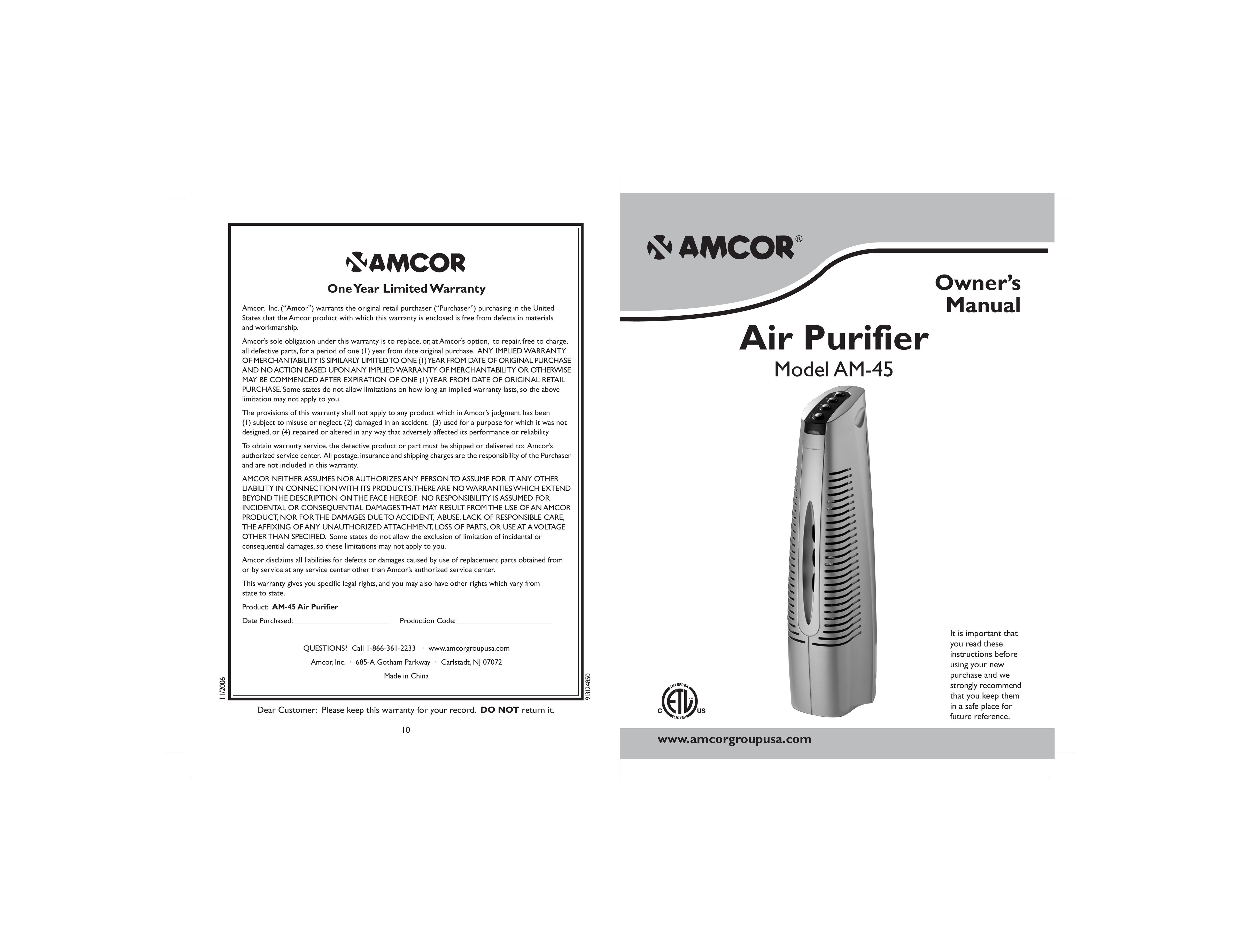 Amcor AM-45 Air Cleaner User Manual