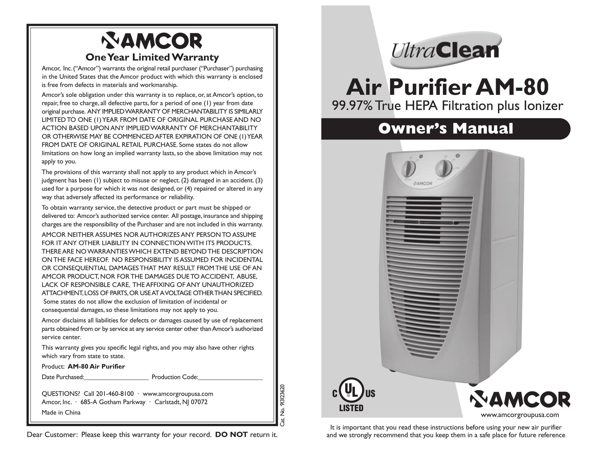 Amcor AM-80 Air Cleaner User Manual