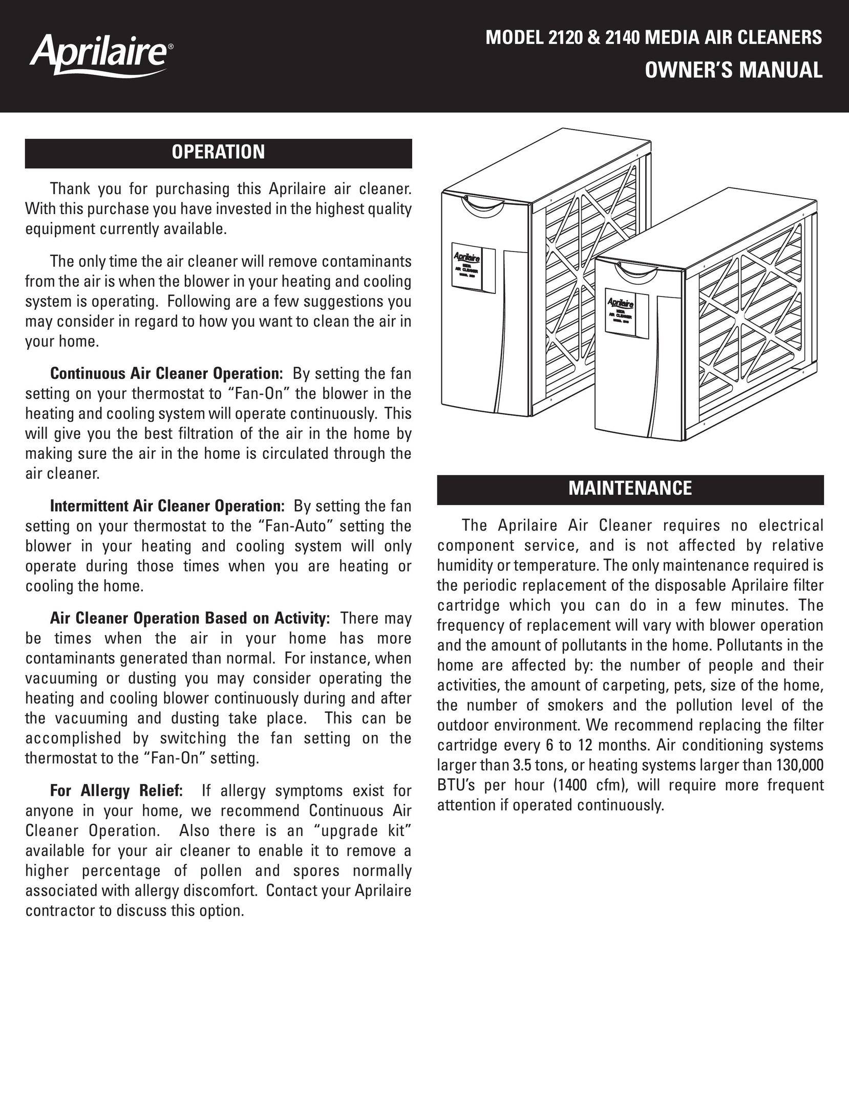 Aprilaire 2120 Air Cleaner User Manual