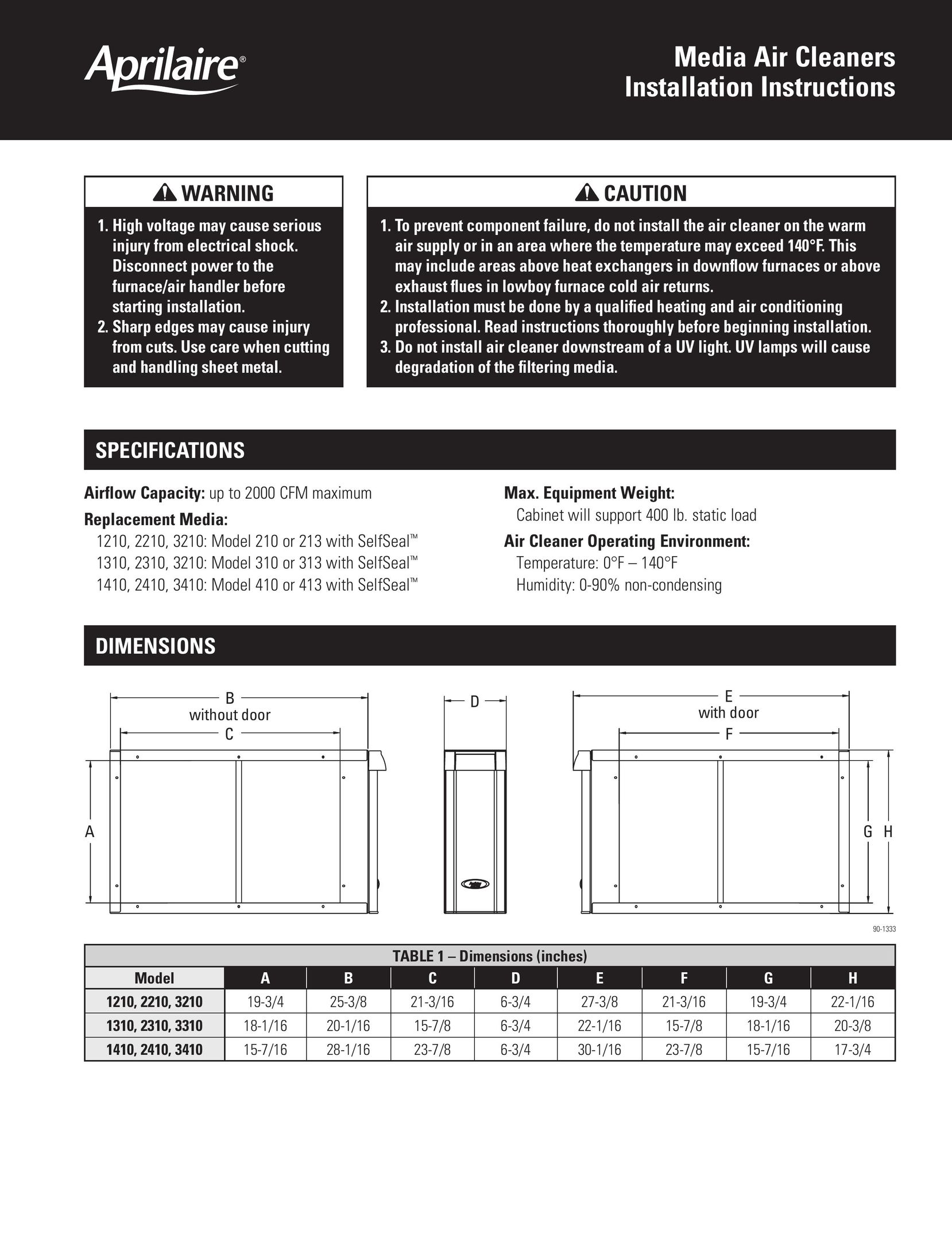 Aprilaire 3210 19-3 Air Cleaner User Manual