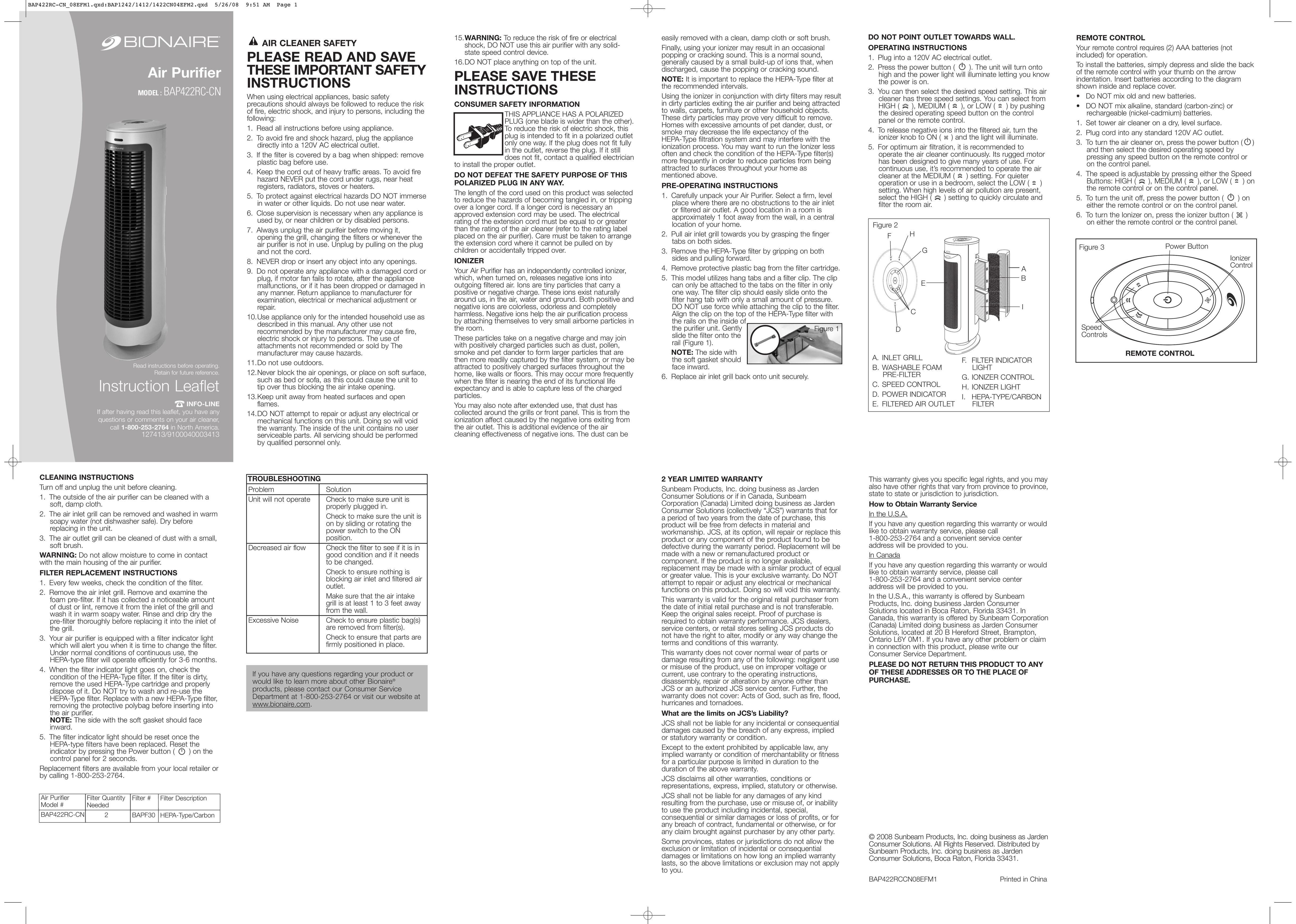 Bionaire BAP422RC-CN Air Cleaner User Manual