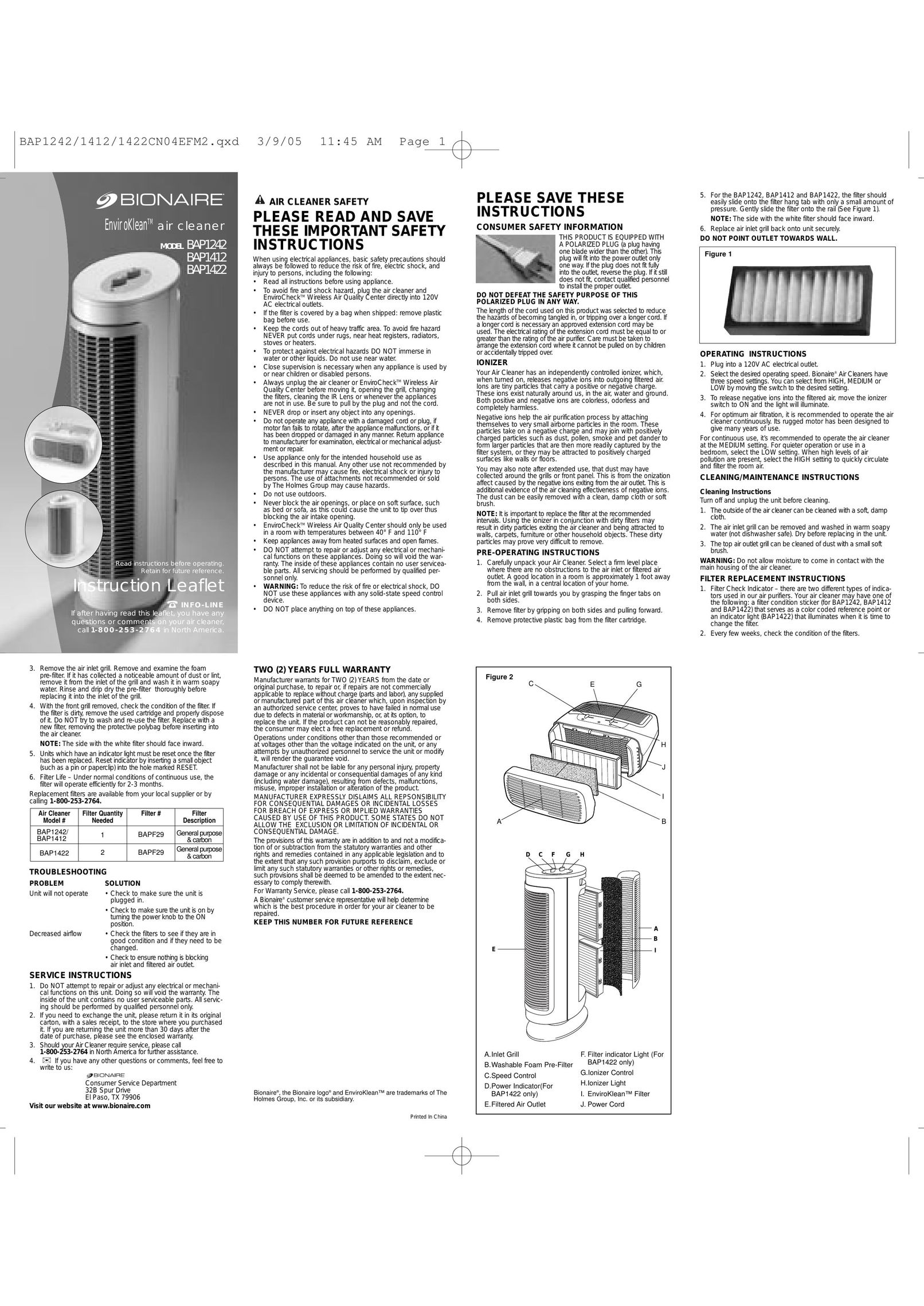 Bionaire BAPF29 Air Cleaner User Manual