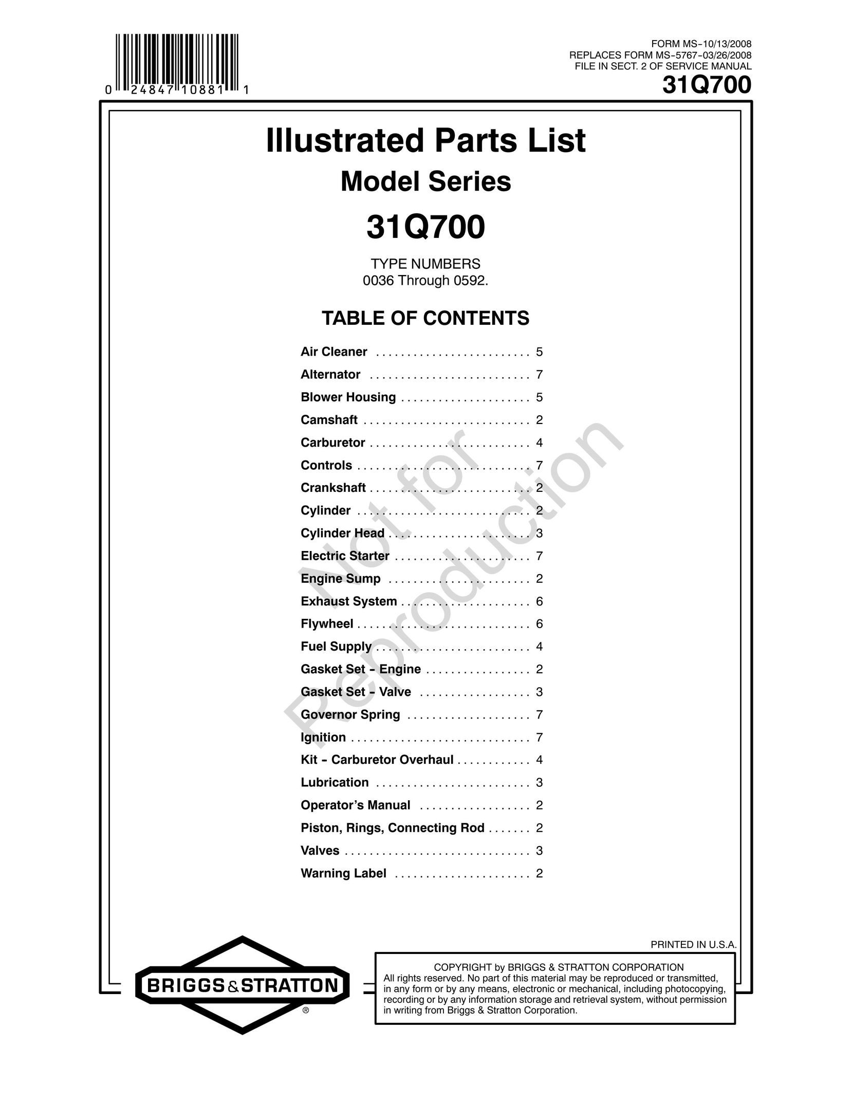 Briggs & Stratton 31Q700 Air Cleaner User Manual