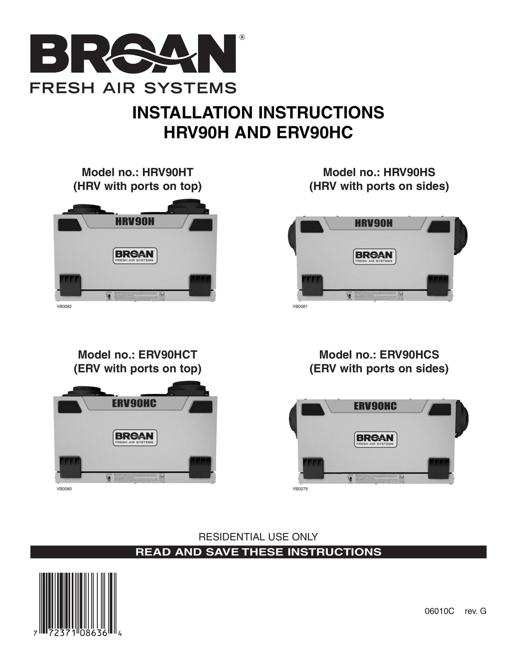 Broan HRV90HS Air Cleaner User Manual