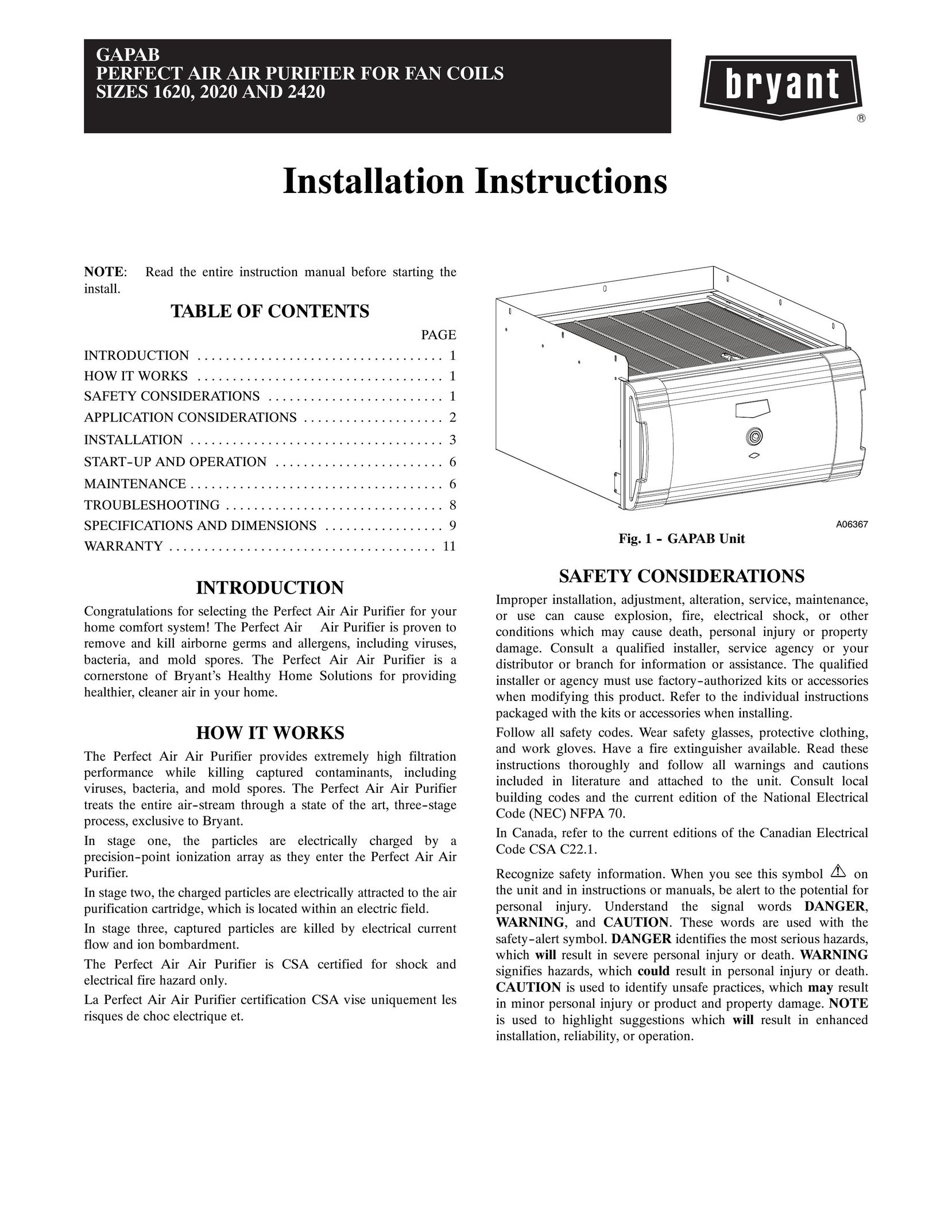 Bryant 1620 Air Cleaner User Manual