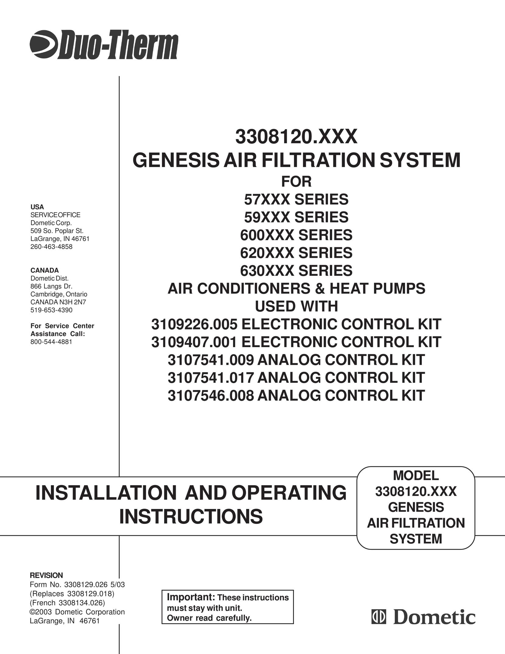 Dometic 3308120.XXX Air Cleaner User Manual