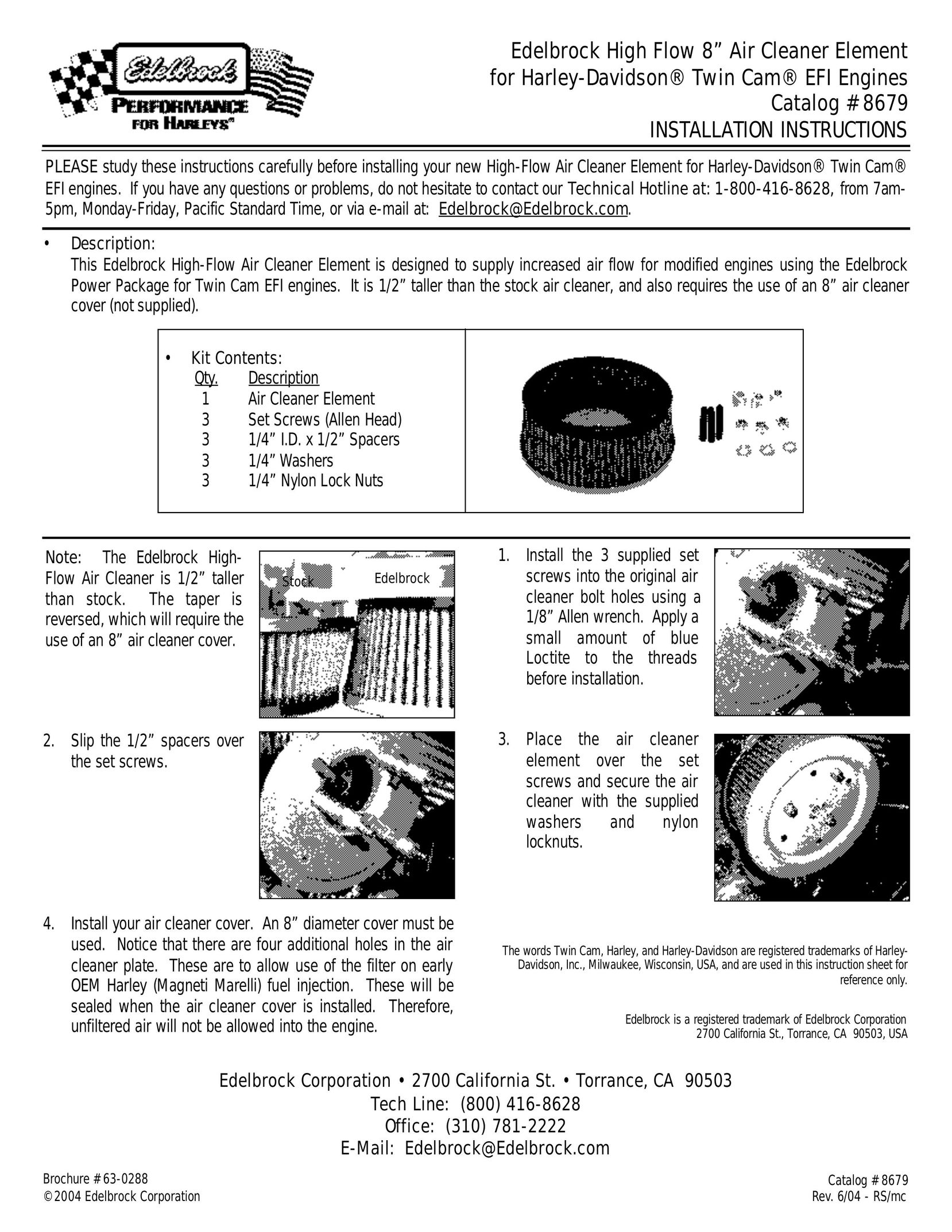 Edelbrock 8679 Air Cleaner User Manual