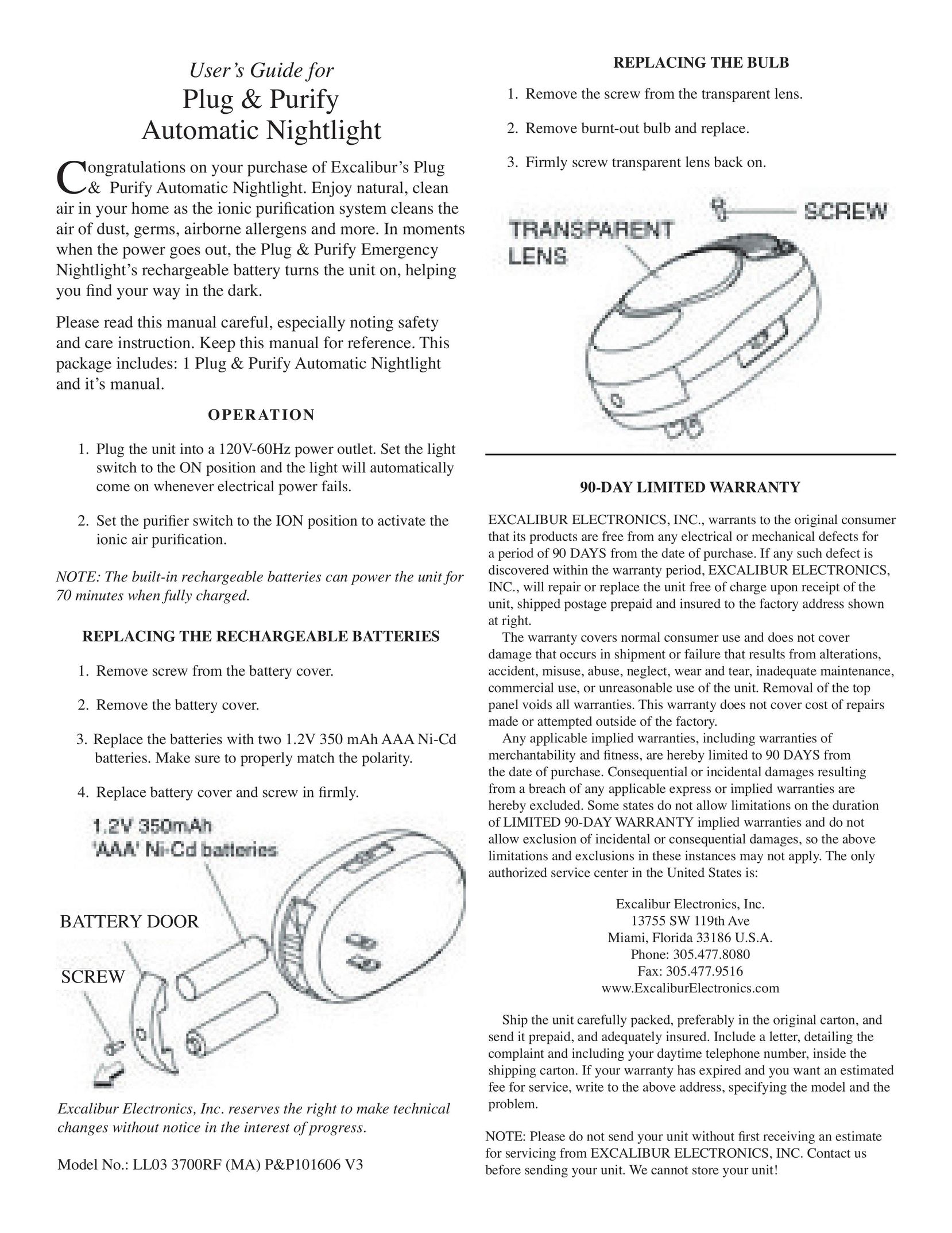 Excalibur electronic LL03 Air Cleaner User Manual