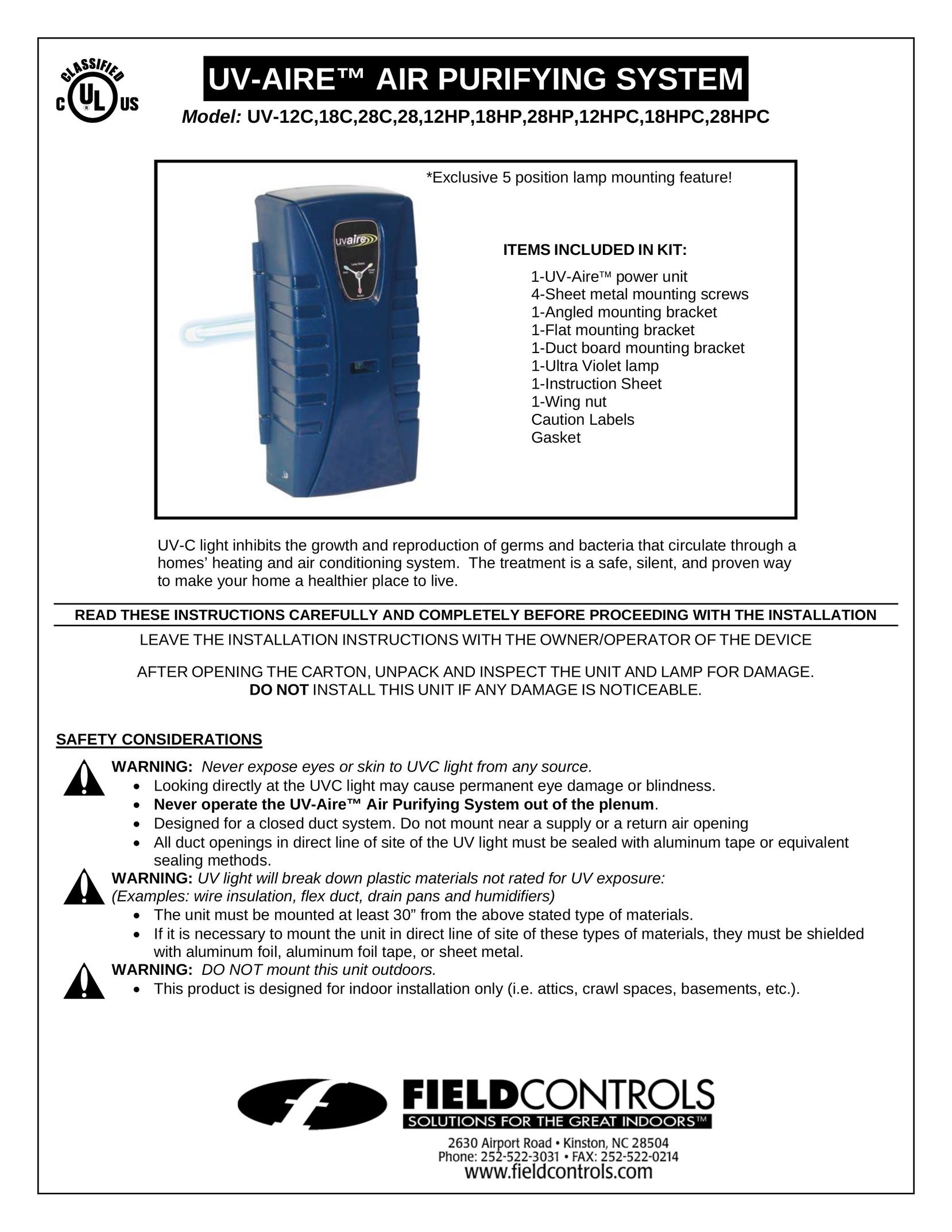 Field Controls UV-18HPC Air Cleaner User Manual