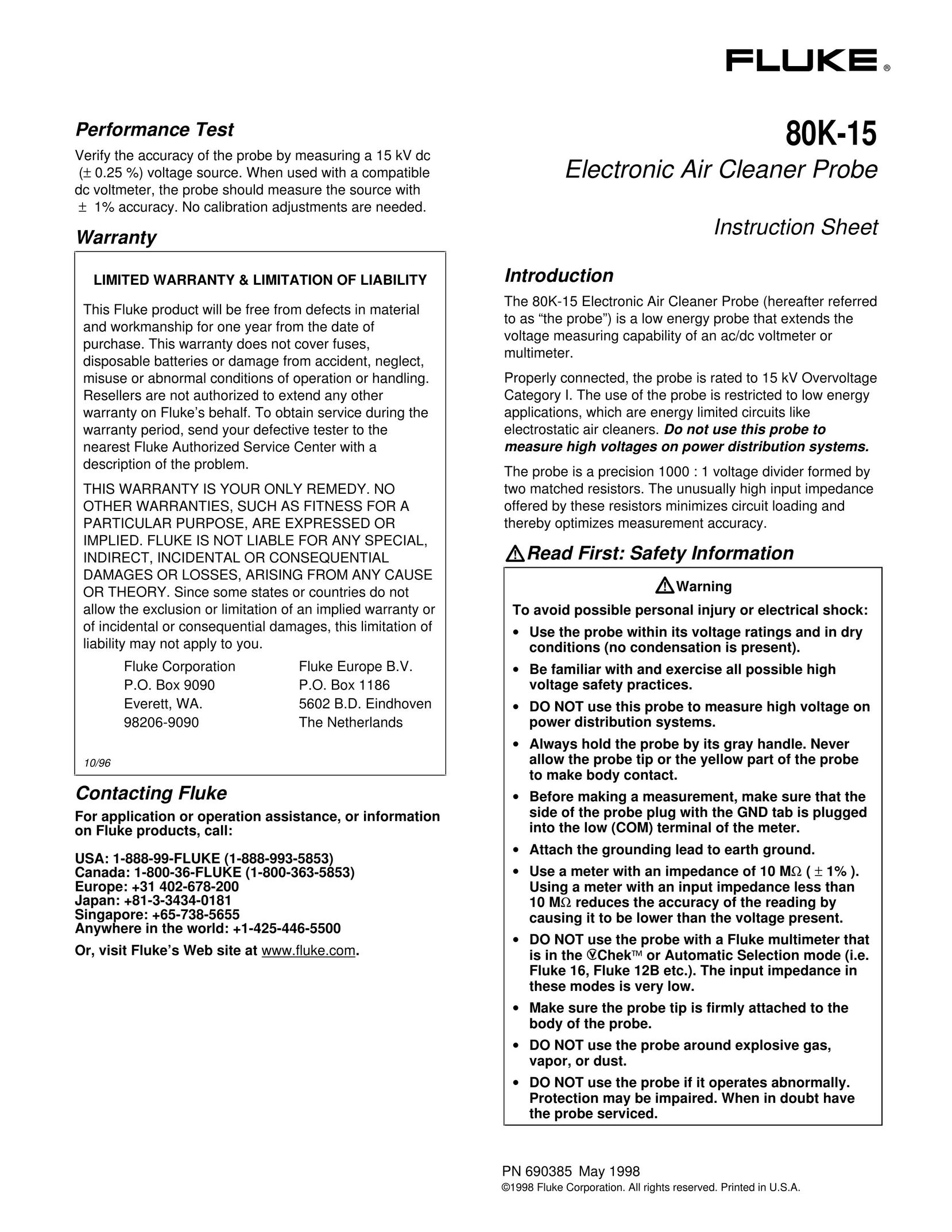 Fluke 80K-15 Air Cleaner User Manual