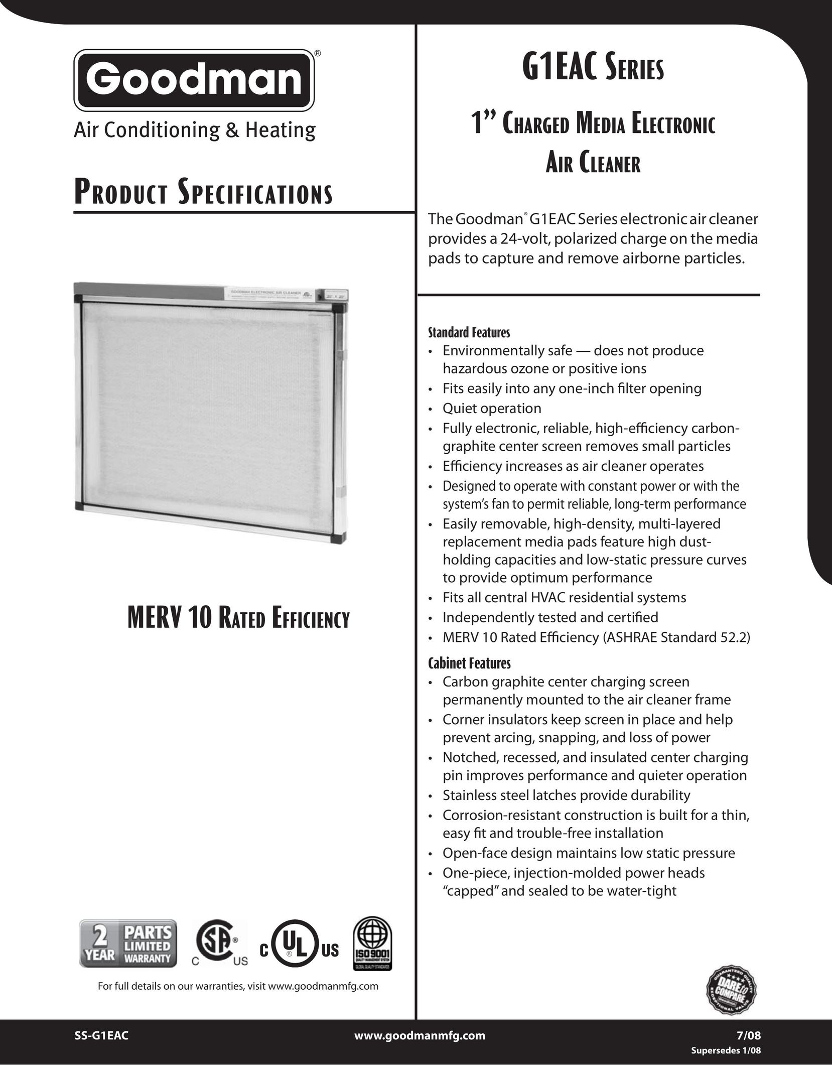 Goodman Mfg G1EAC Series Air Cleaner User Manual