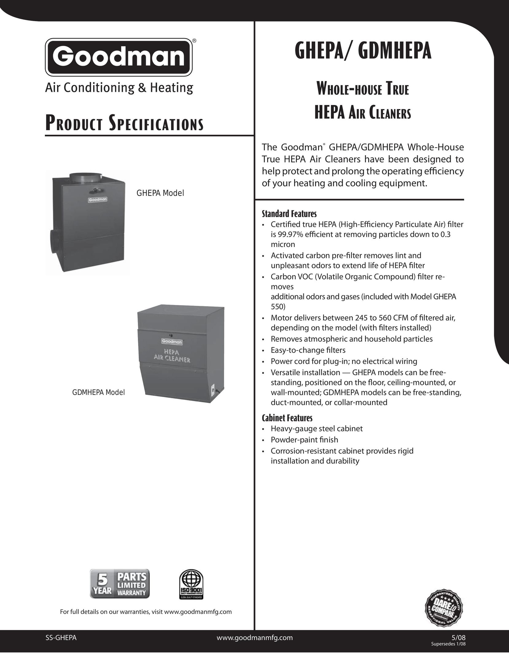 Goodman Mfg GHEPA Air Cleaner User Manual
