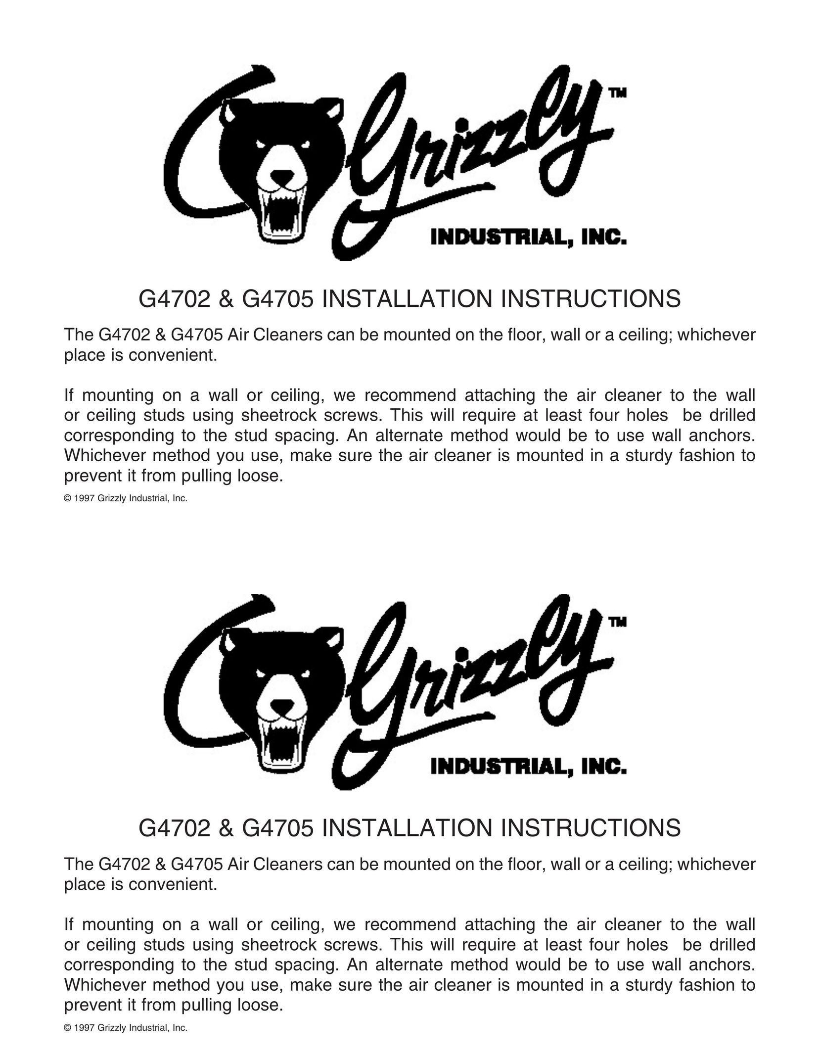 Grizzly G4705 Air Cleaner User Manual