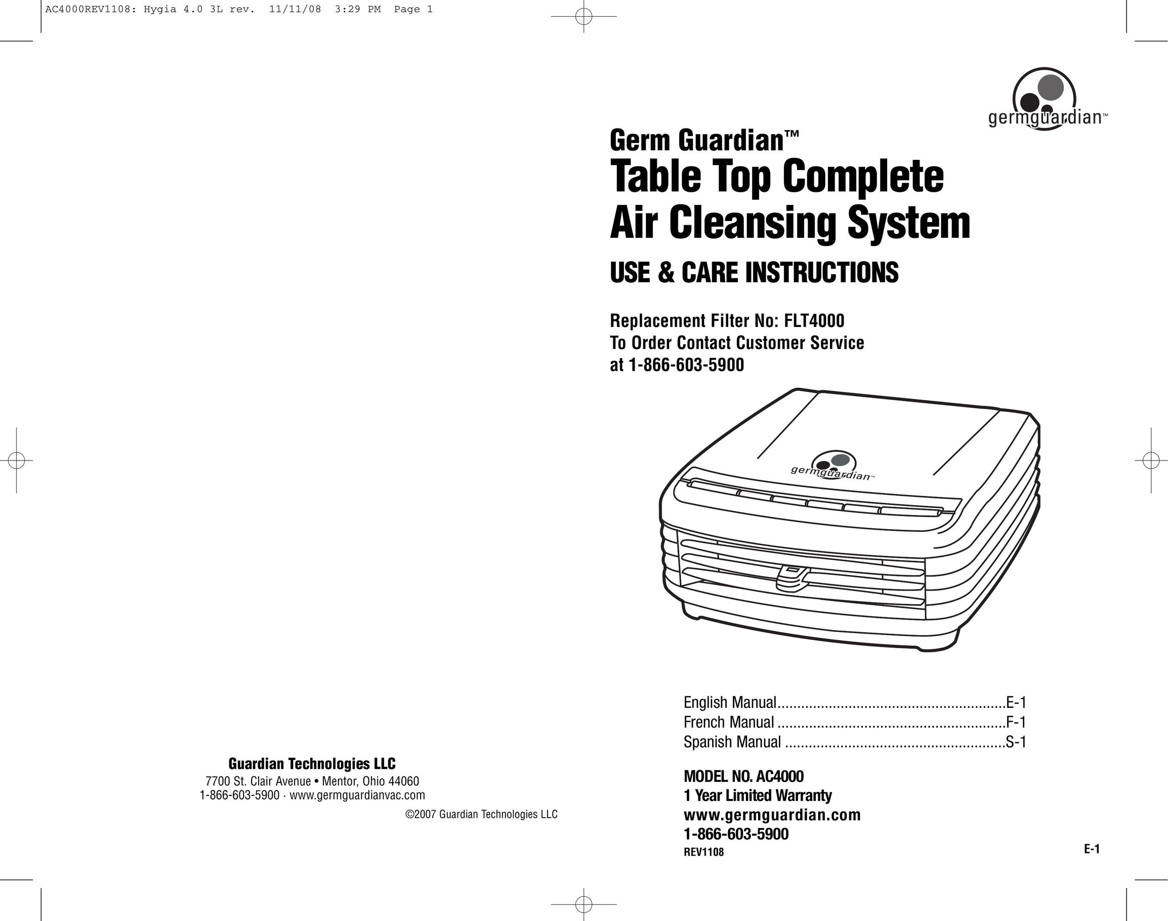 Guardian Technologies AC4000 Air Cleaner User Manual
