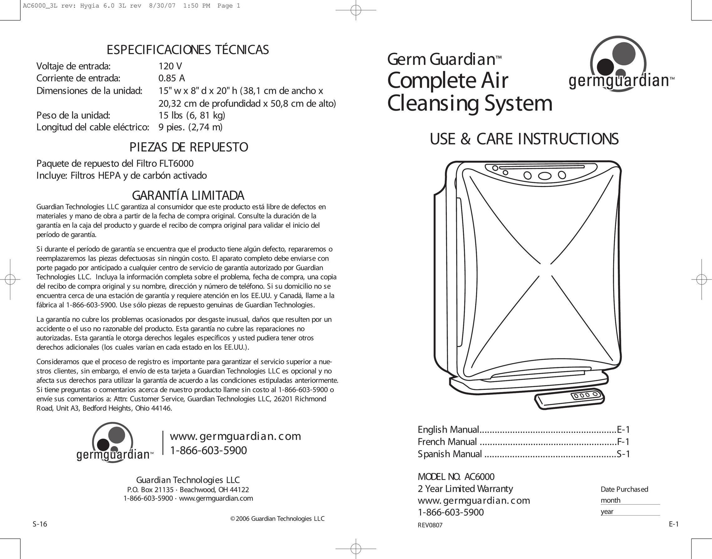 Guardian Technologies AC6000 Air Cleaner User Manual