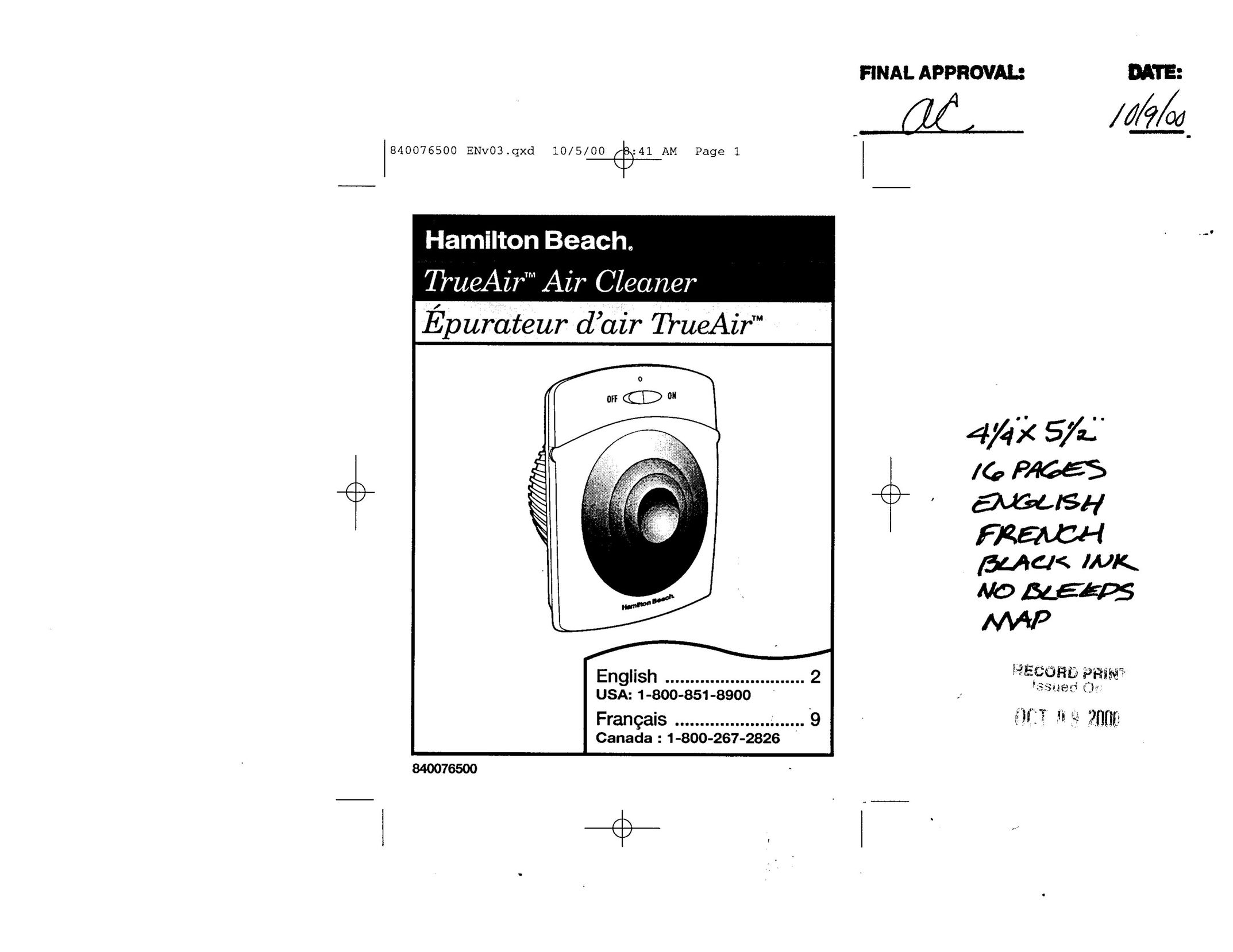 Hamilton Beach 04255 Air Cleaner User Manual