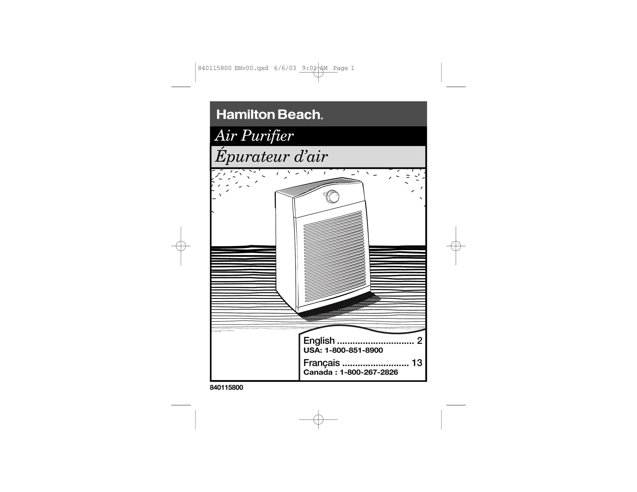 Hamilton Beach 840115800 Air Cleaner User Manual