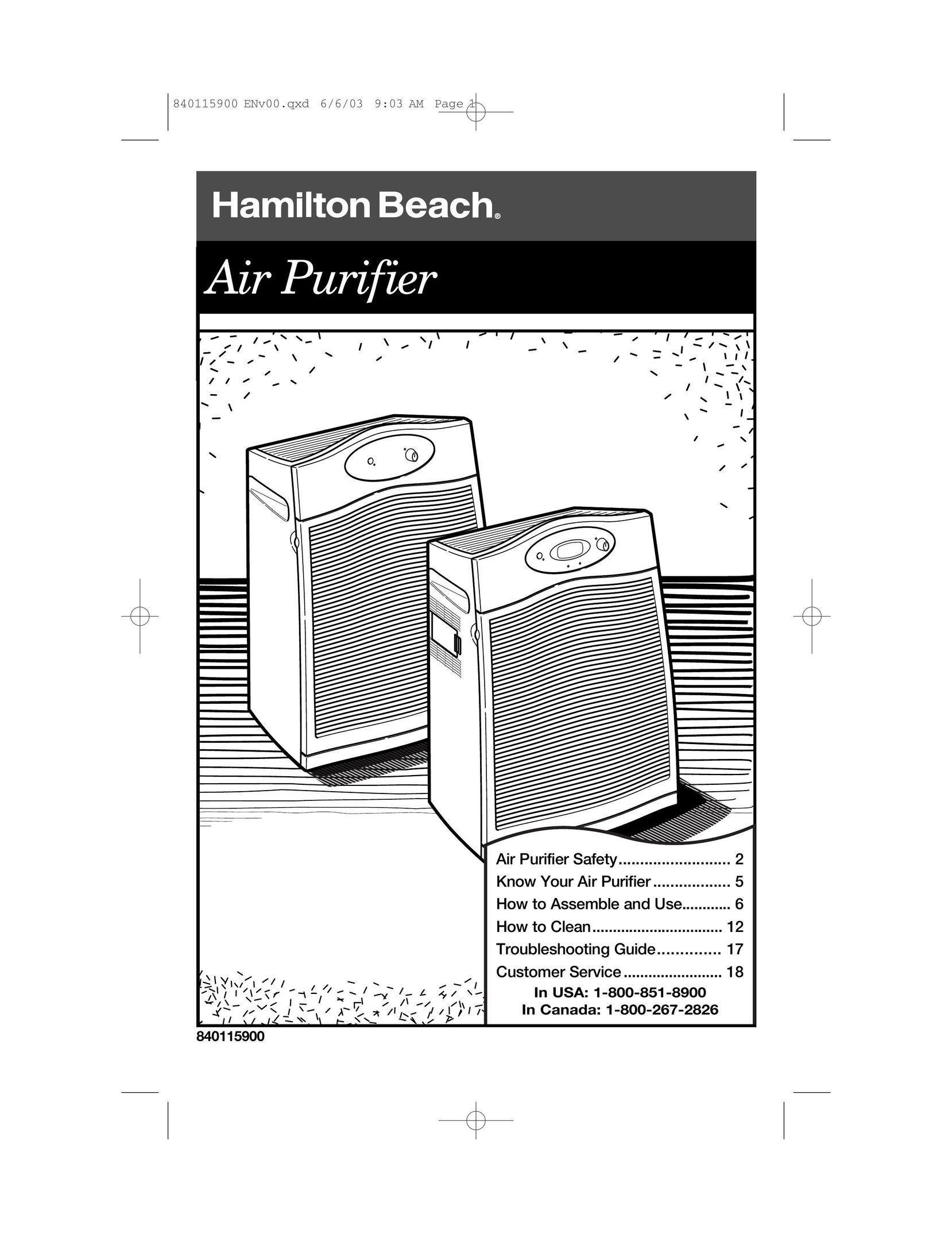 Hamilton Beach 840115900 Air Cleaner User Manual