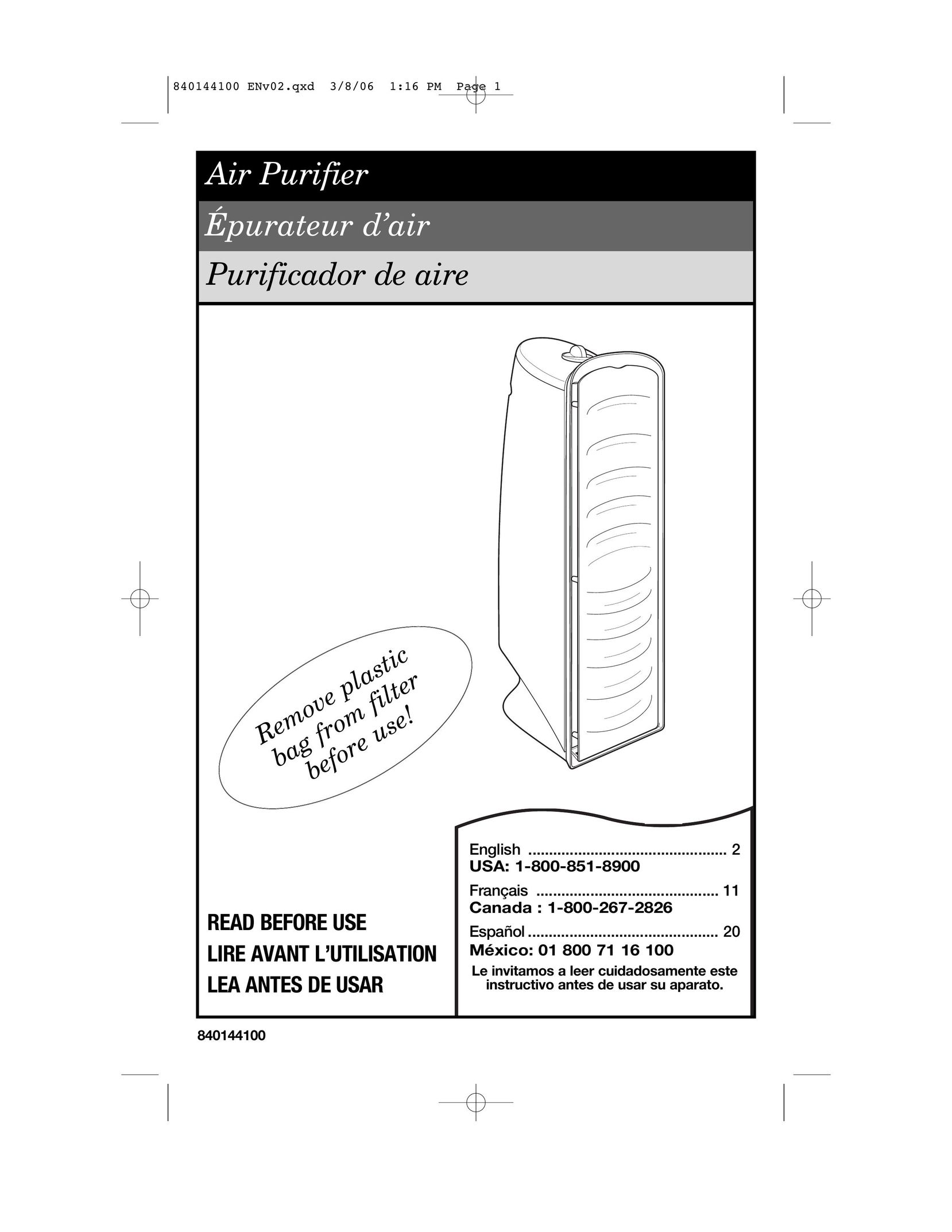 Hamilton Beach 840144100 Air Cleaner User Manual
