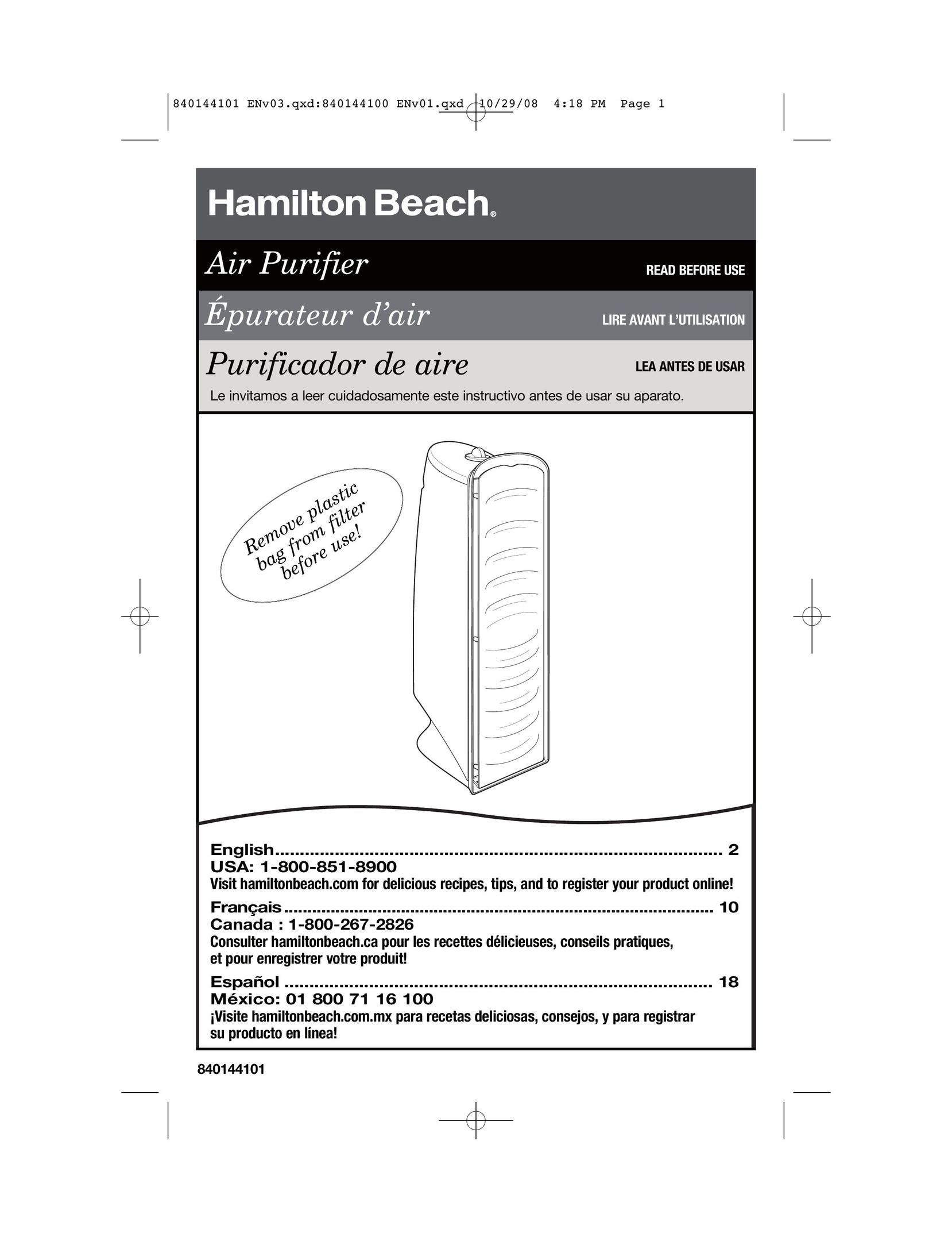Hamilton Beach 840144101 Air Cleaner User Manual