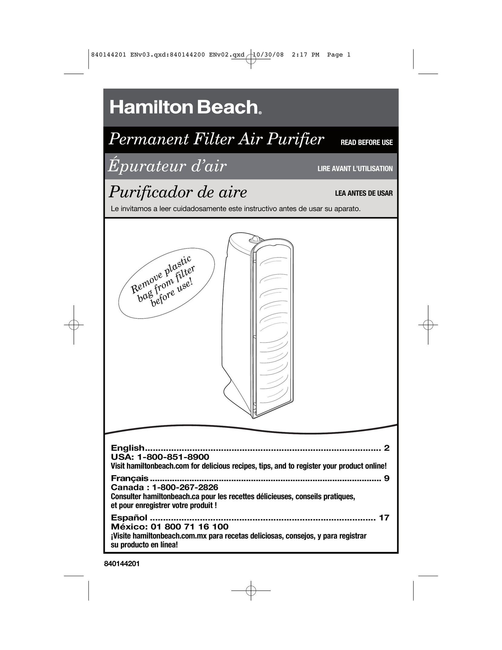 Hamilton Beach 840144201 Air Cleaner User Manual