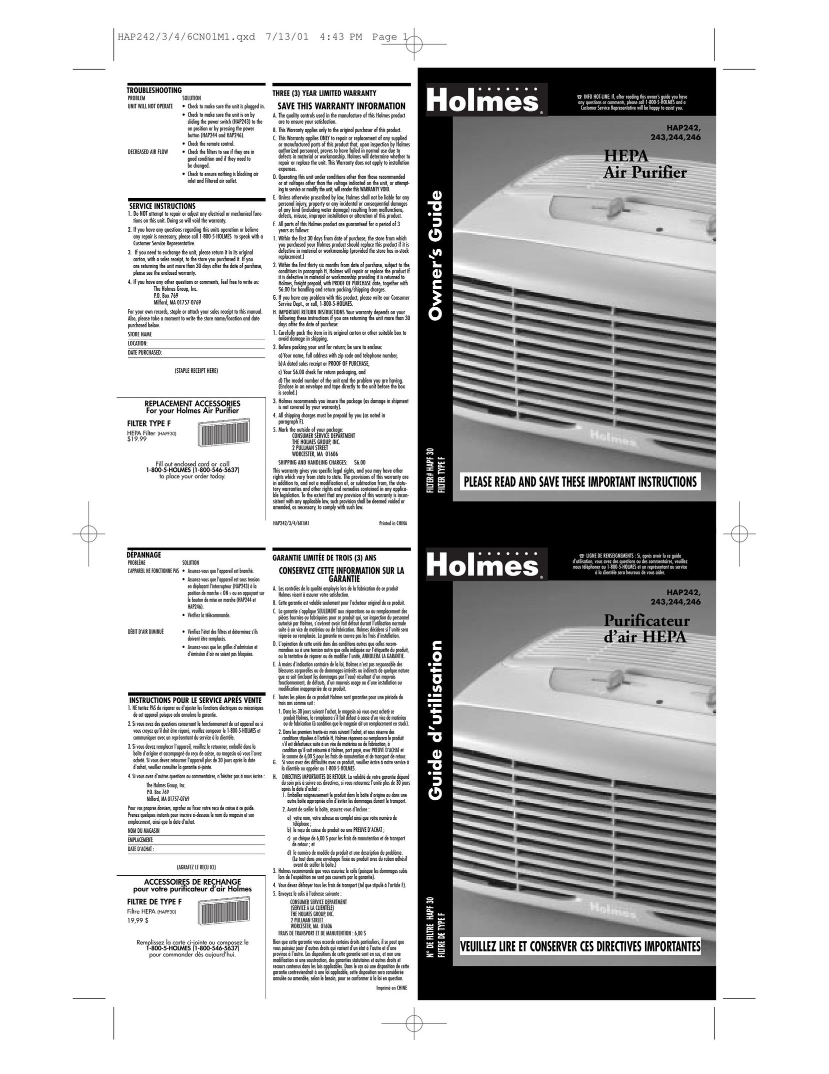 Holmes 244 Air Cleaner User Manual