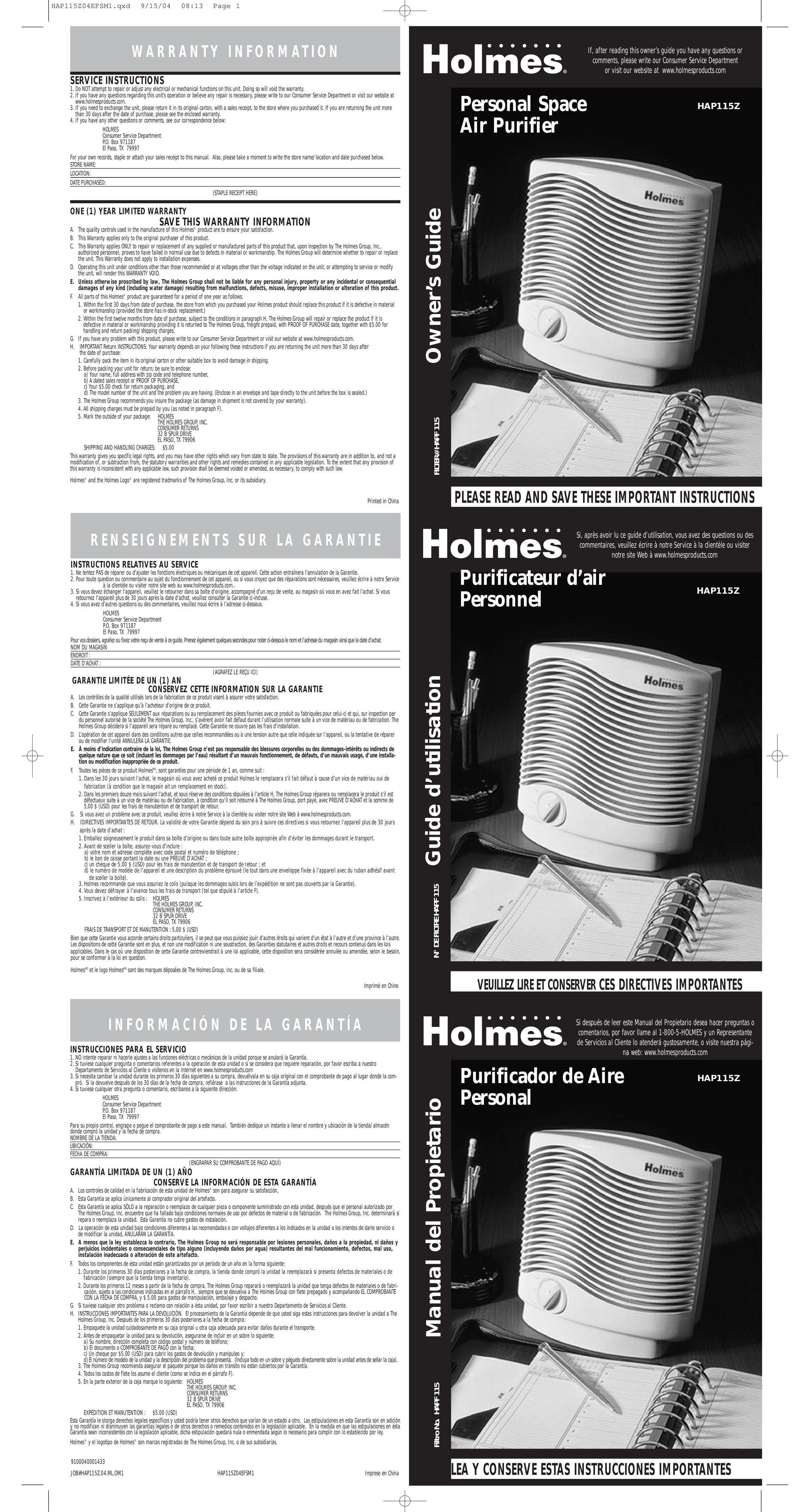 Holmes HAP115Z Air Cleaner User Manual