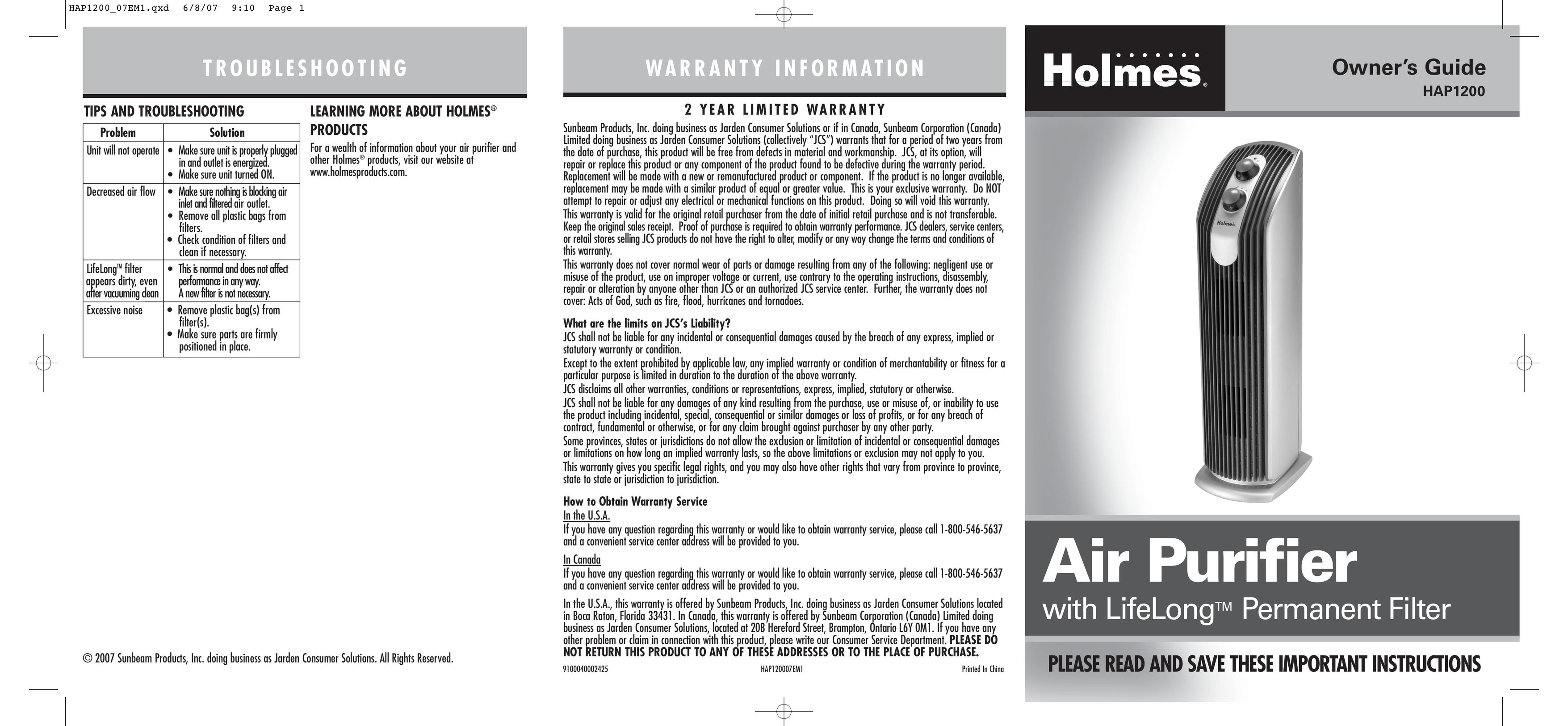 Holmes HAP1200 Air Cleaner User Manual