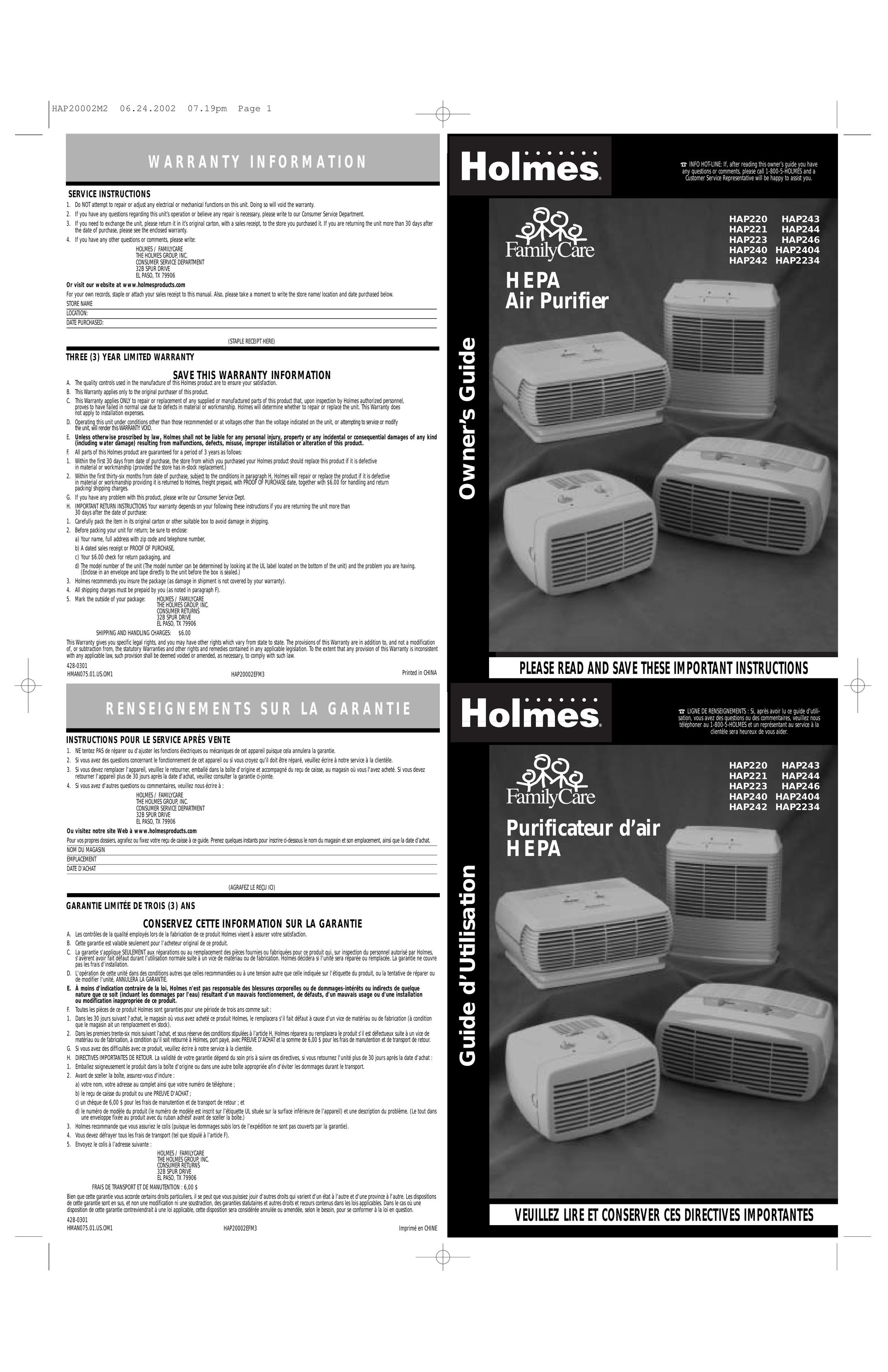 Holmes HAP220 Air Cleaner User Manual