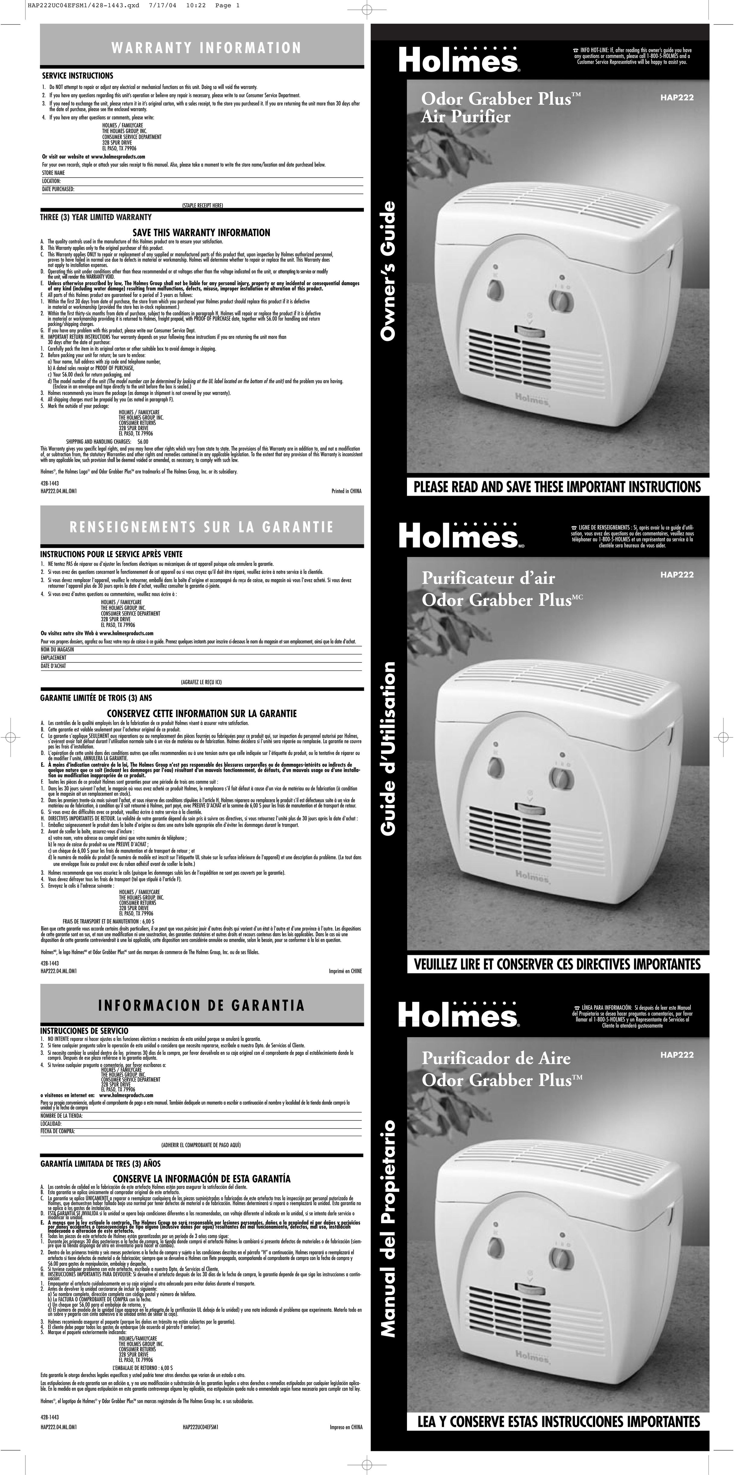 Holmes HAP222 Air Cleaner User Manual