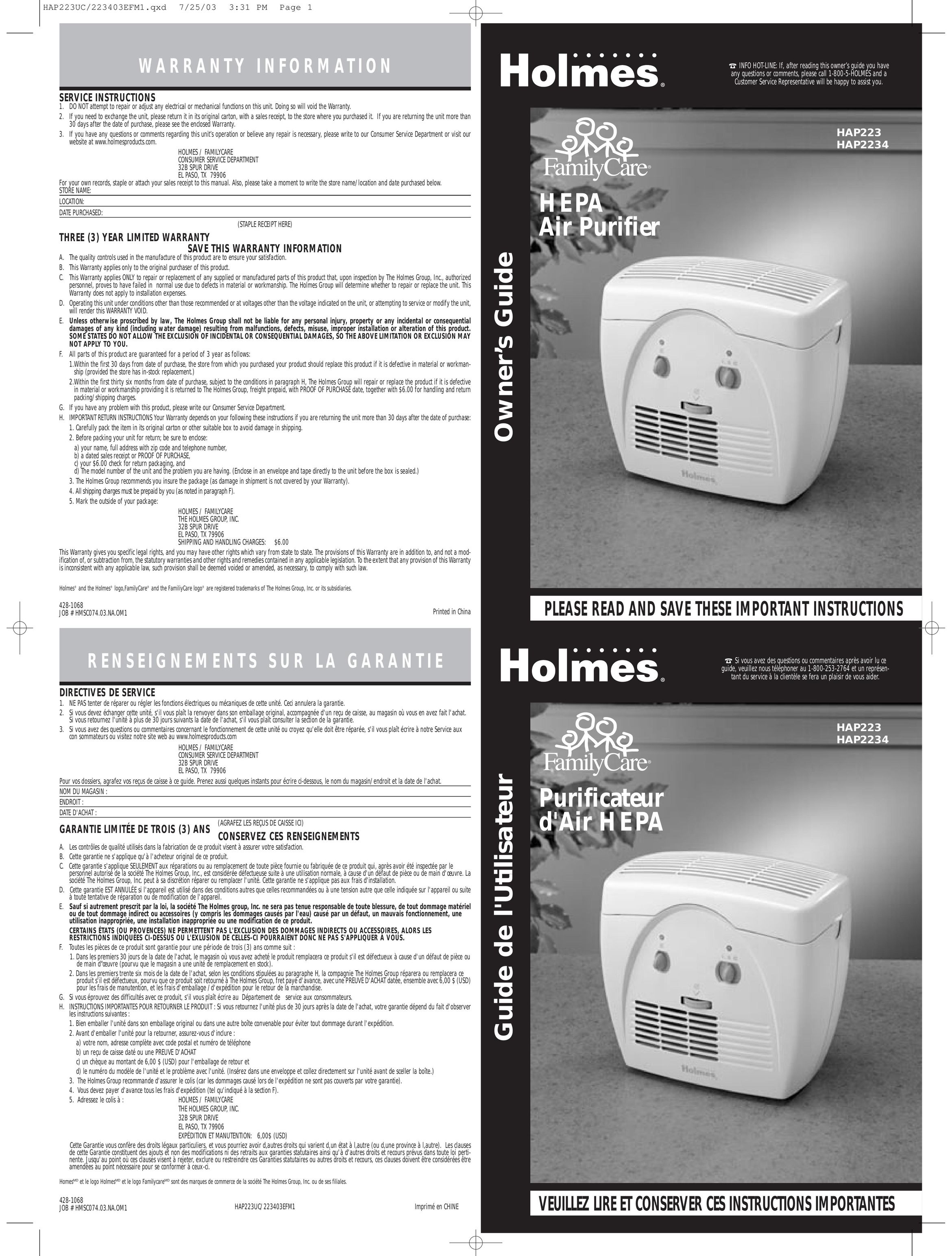Holmes HAP223 Air Cleaner User Manual