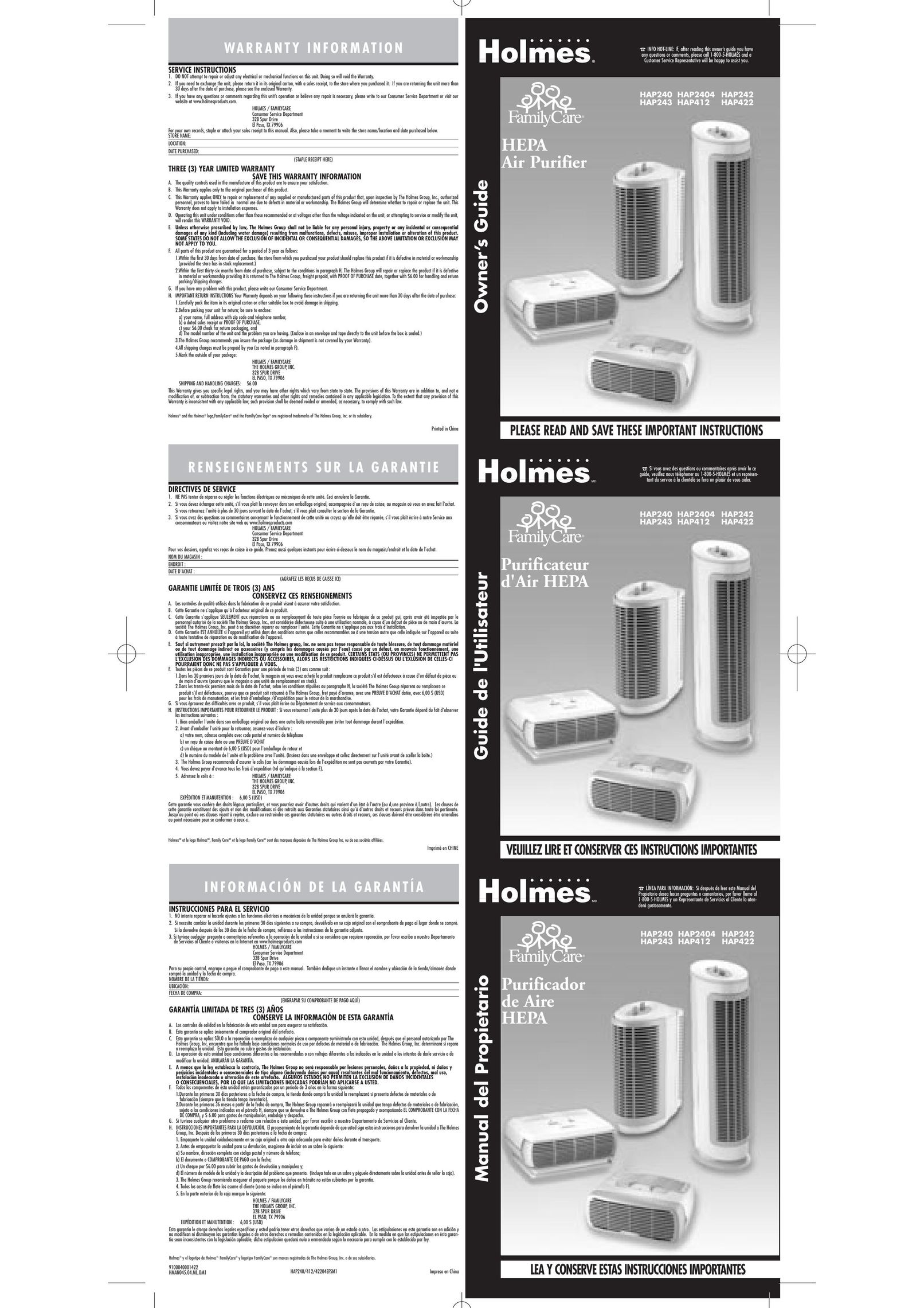 Holmes HAP412 Air Cleaner User Manual