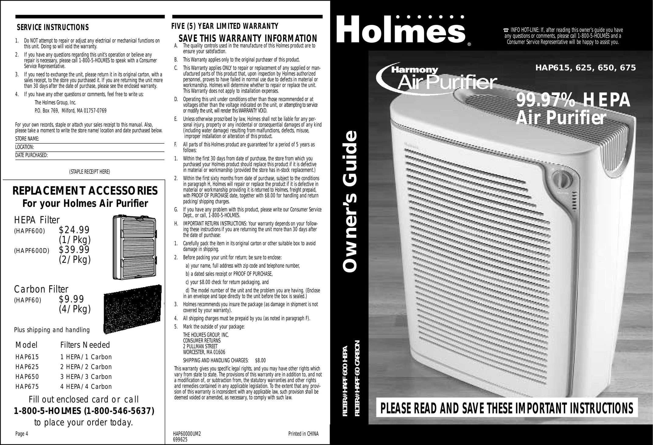 Holmes HAP650 Air Cleaner User Manual