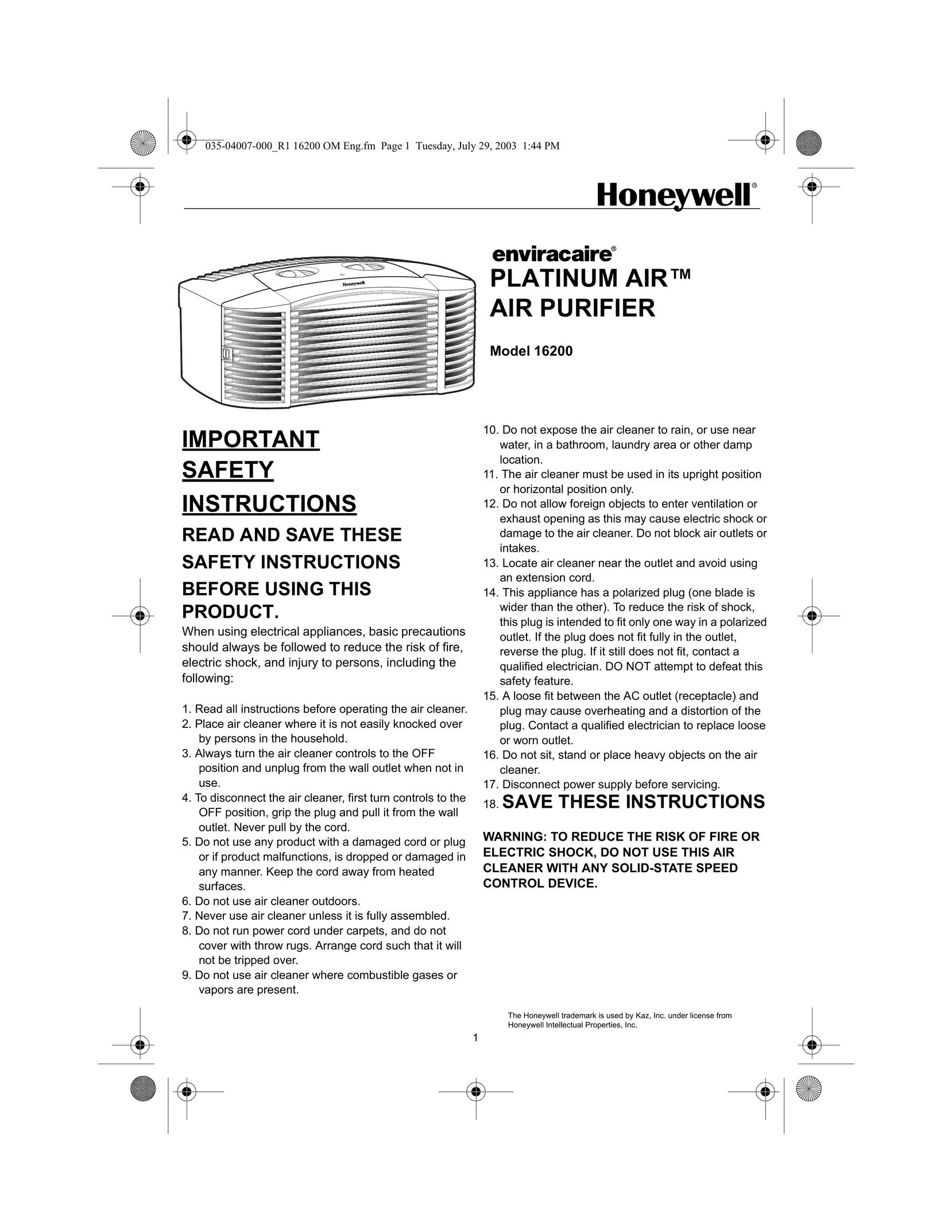 Honeywell 16200 Air Cleaner User Manual